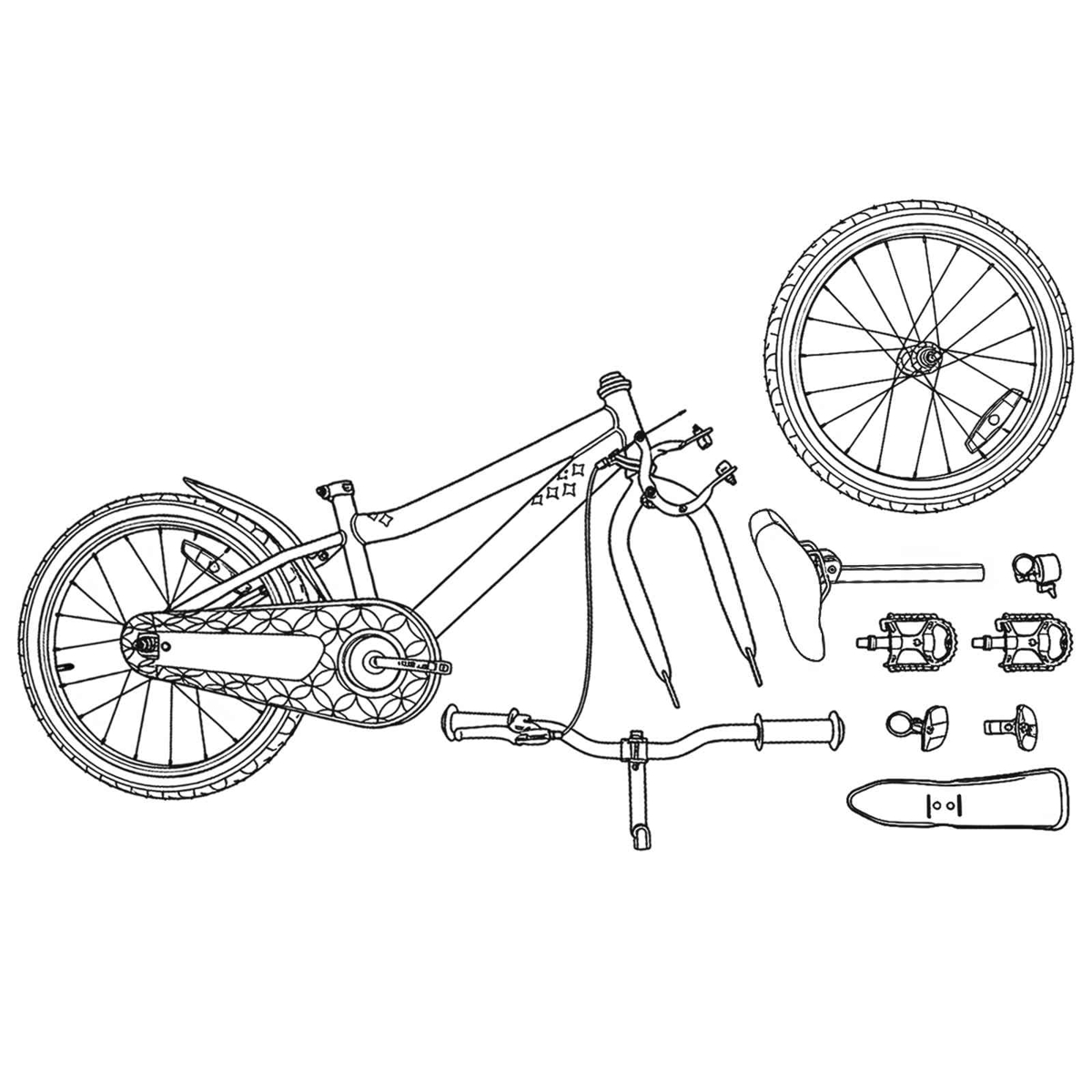 Eine Fahrradzeichnung mit zerlegten Teilen: Rahmen, Räder, Lenker, Sattel, Pedale.