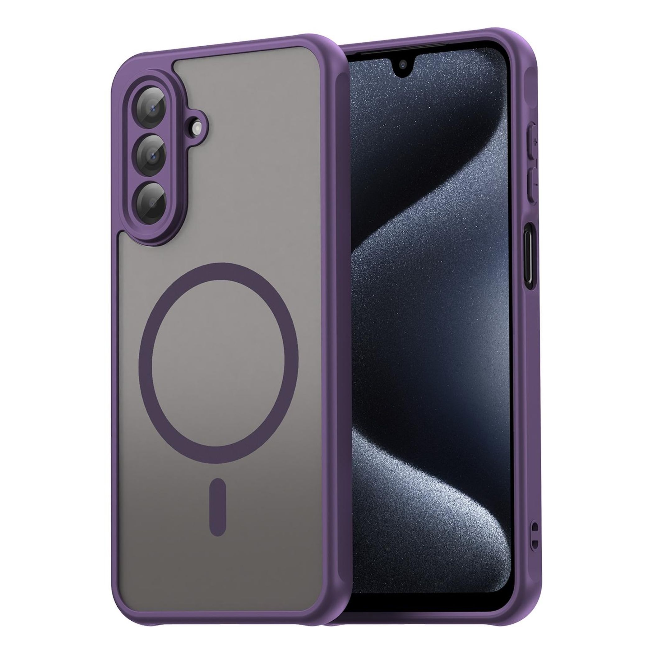 Ein lila Schutzhülle für ein Smartphone mit drei Kameras und einem Ring.