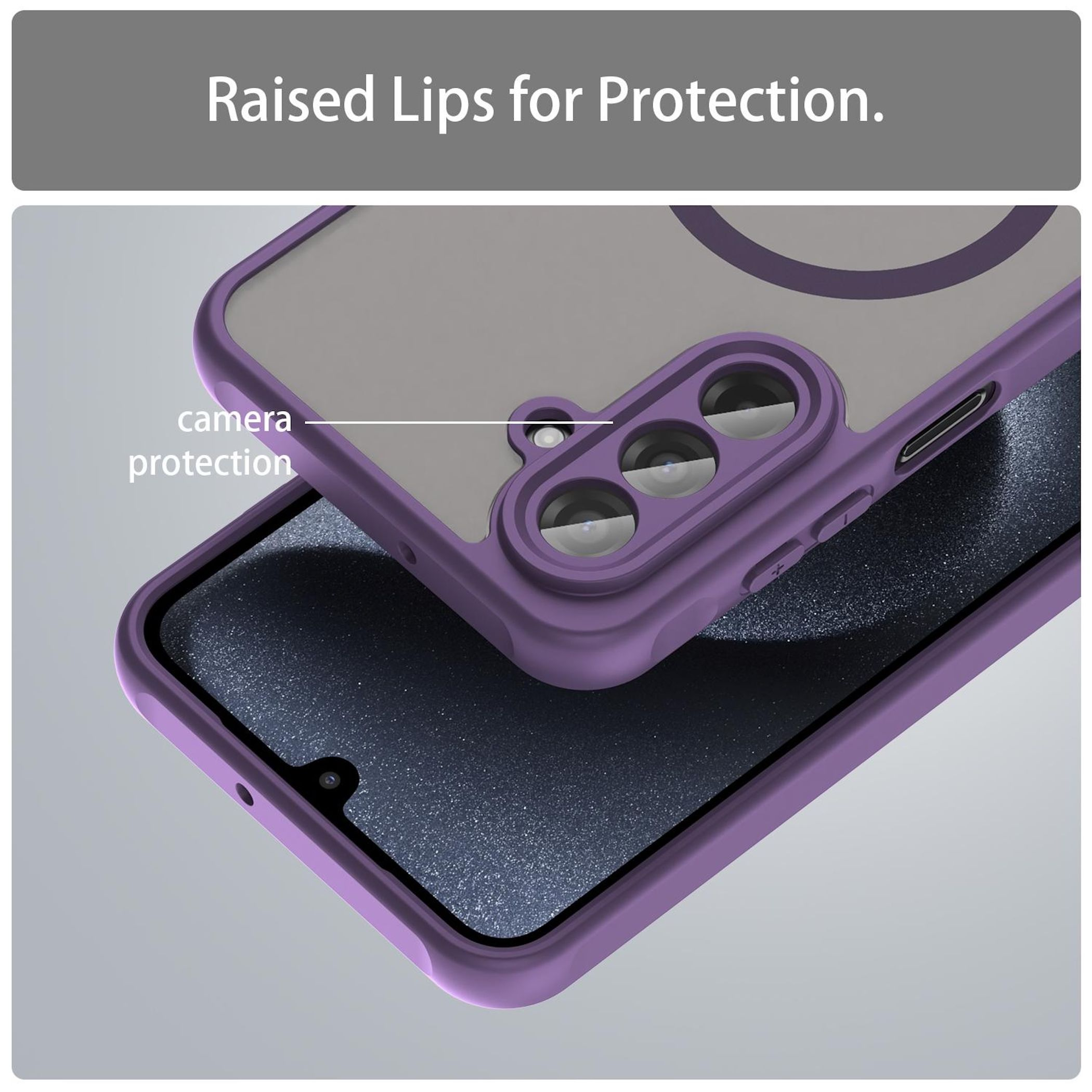 Lila Handyhülle mit erhöhten Rändern für Kameraschutz auf einem Smartphone.