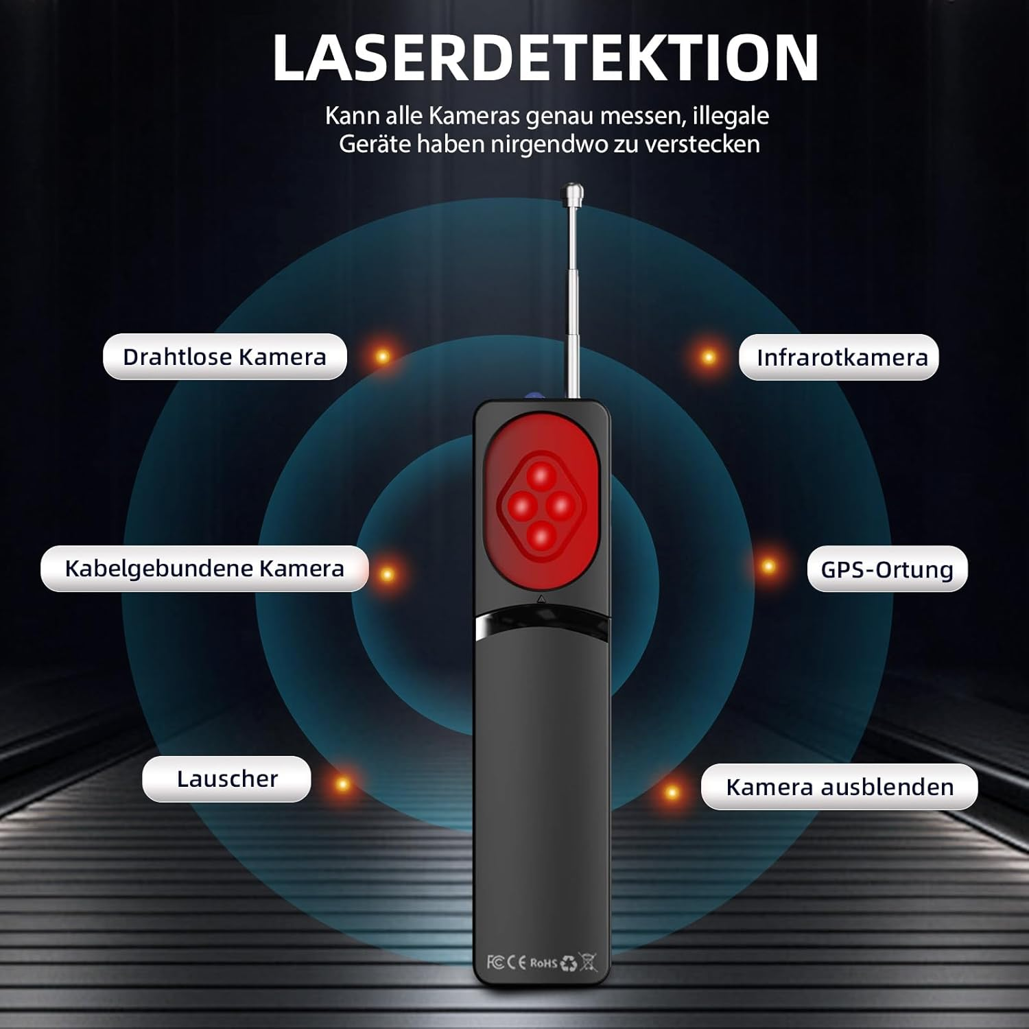 Ein Detektor mit Antenne erkennt Kameras, GPS und Lauscher.