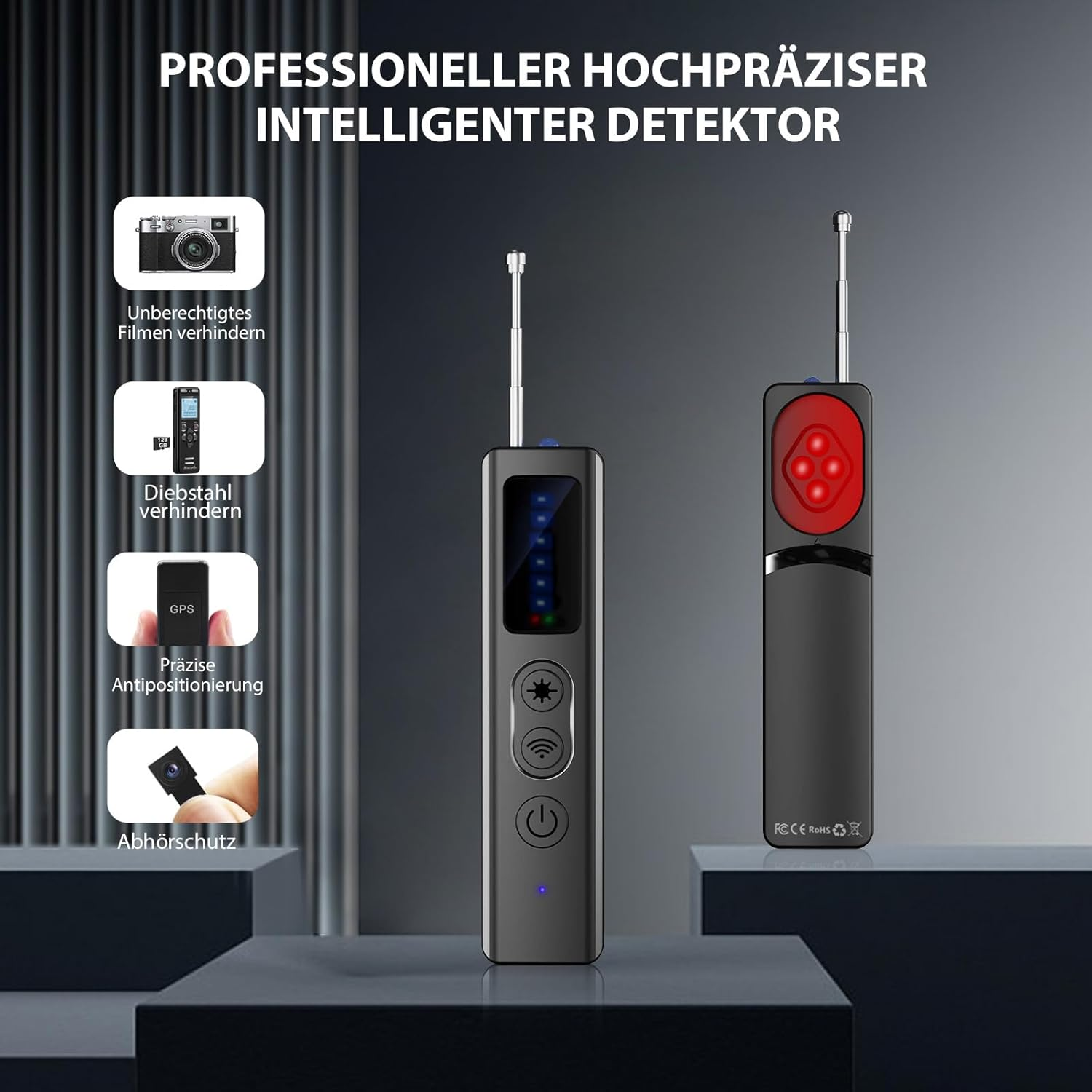 Zwei Detektoren werden gezeigt. Einer hat einen Bildschirm mit Lichtern, der andere einen roten Sensor.