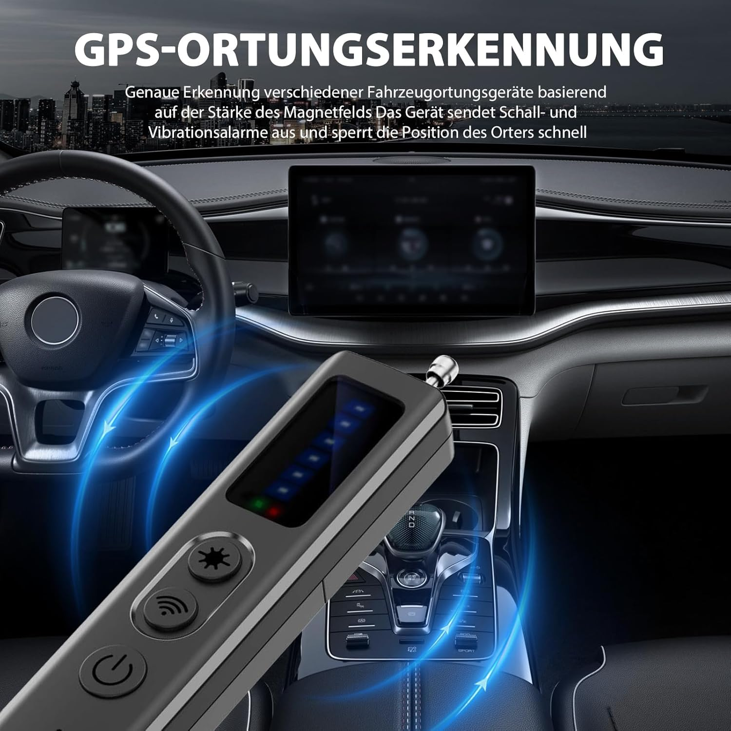 Ein Gerät zur GPS-Ortungserkennung liegt in einem Auto vor dem Armaturenbrett.