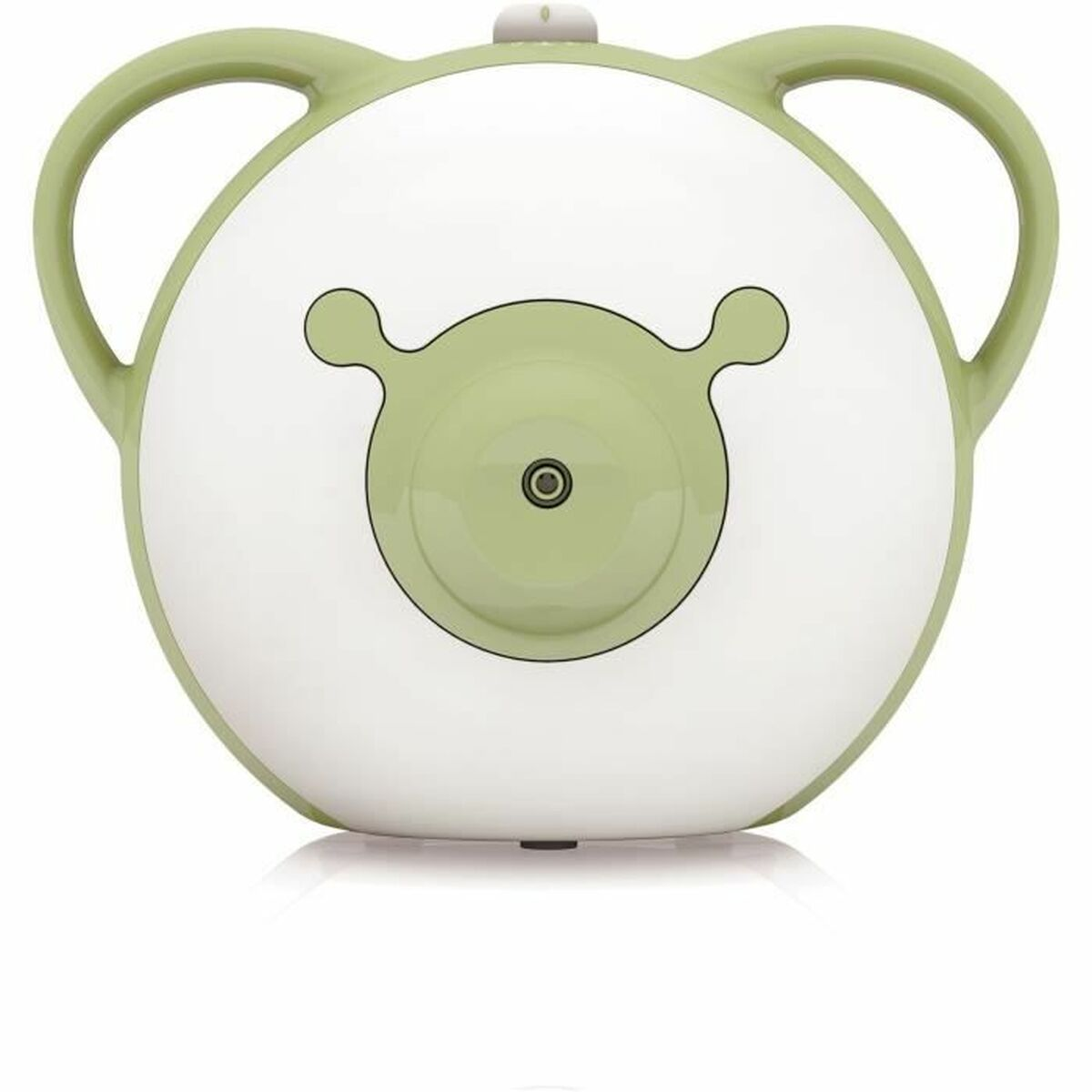 Ein weißer und grüner Baby-Wasserkocher mit Griffen und einem Gesicht.