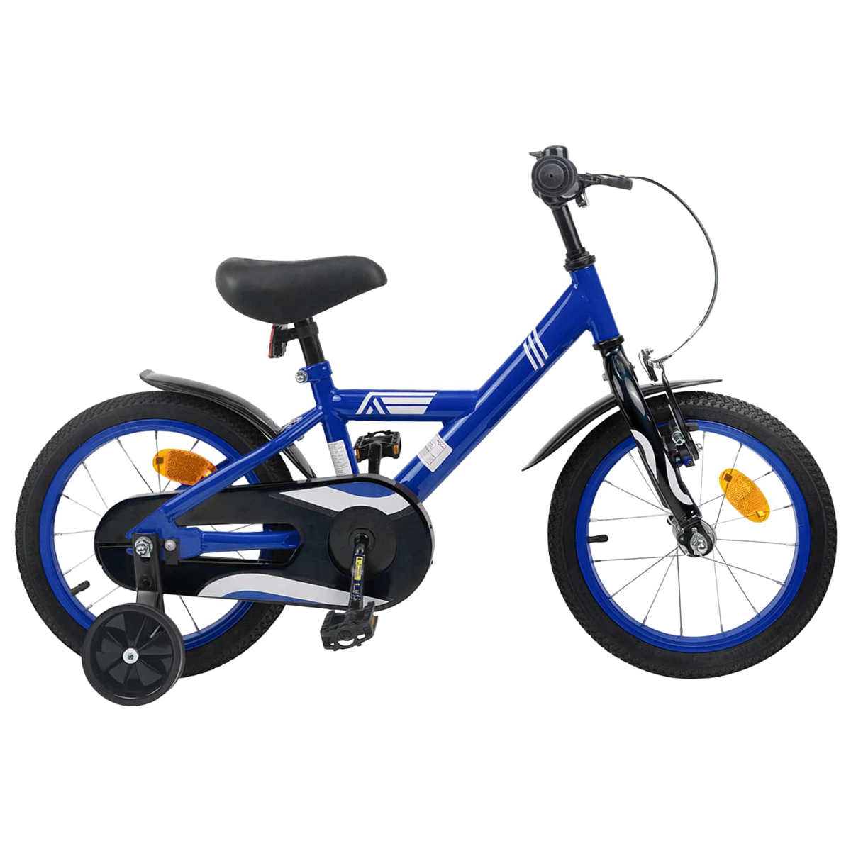 Ein blaues Kinderfahrrad mit Stützrädern, schwarzem Sattel und blauen Felgen.
