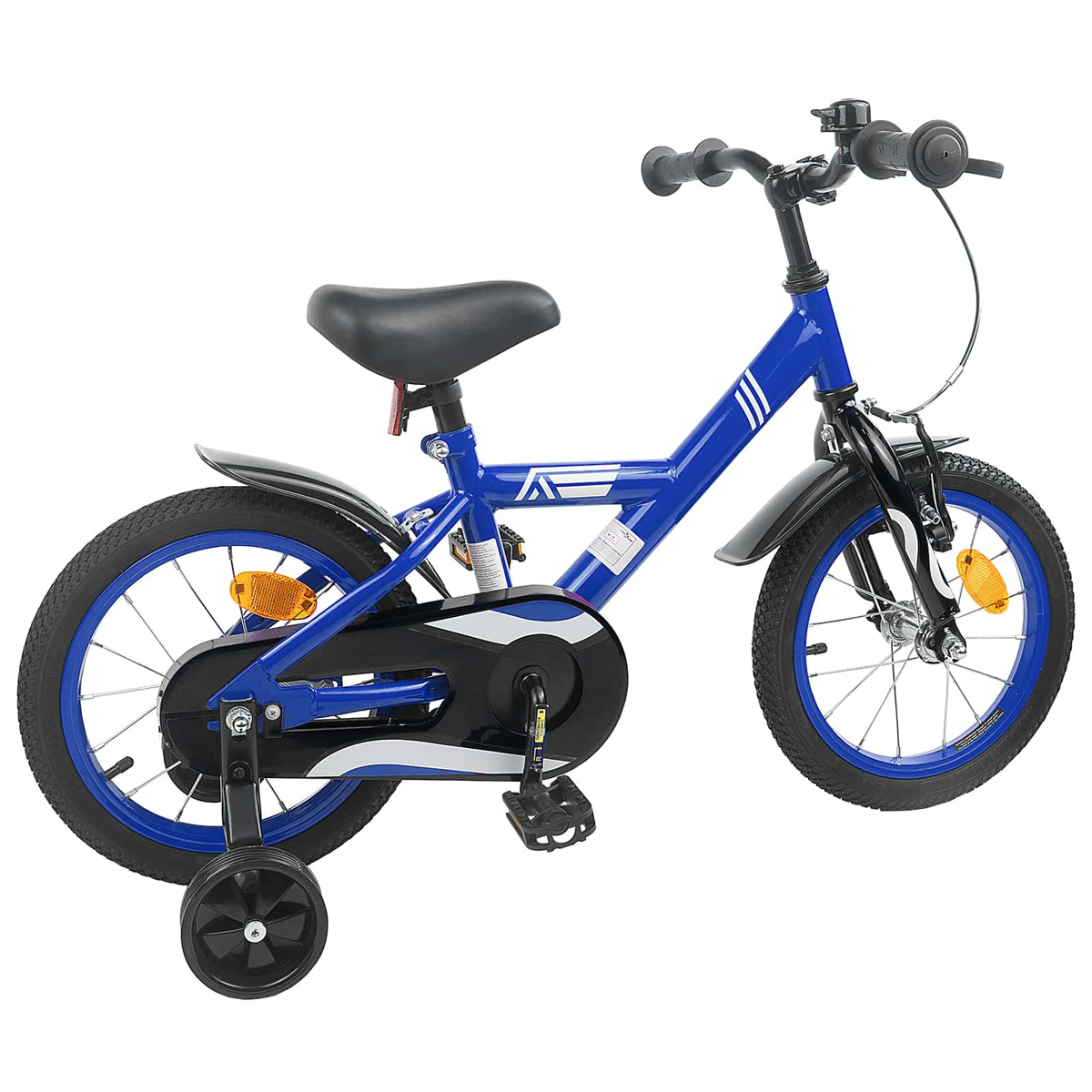 Blaues Kinderfahrrad mit Stützrädern, schwarzem Sattel und schwarzen Schutzblechen.