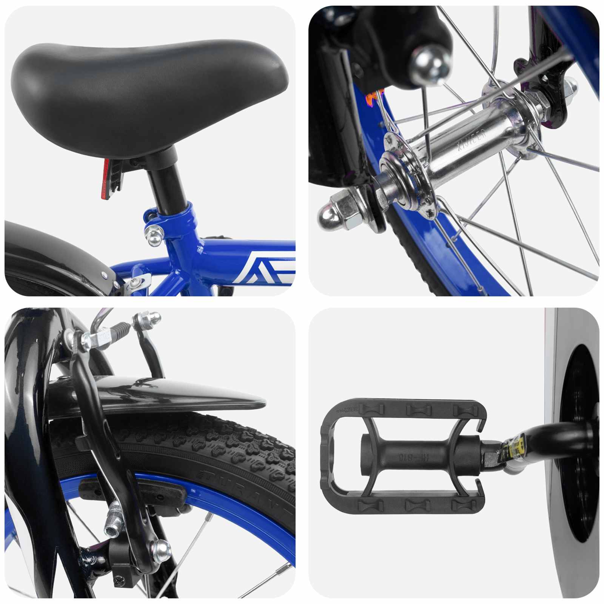 Collage aus Fahrradteilen: Sattel, Vorderradnabe, Vorderrad und Pedal.