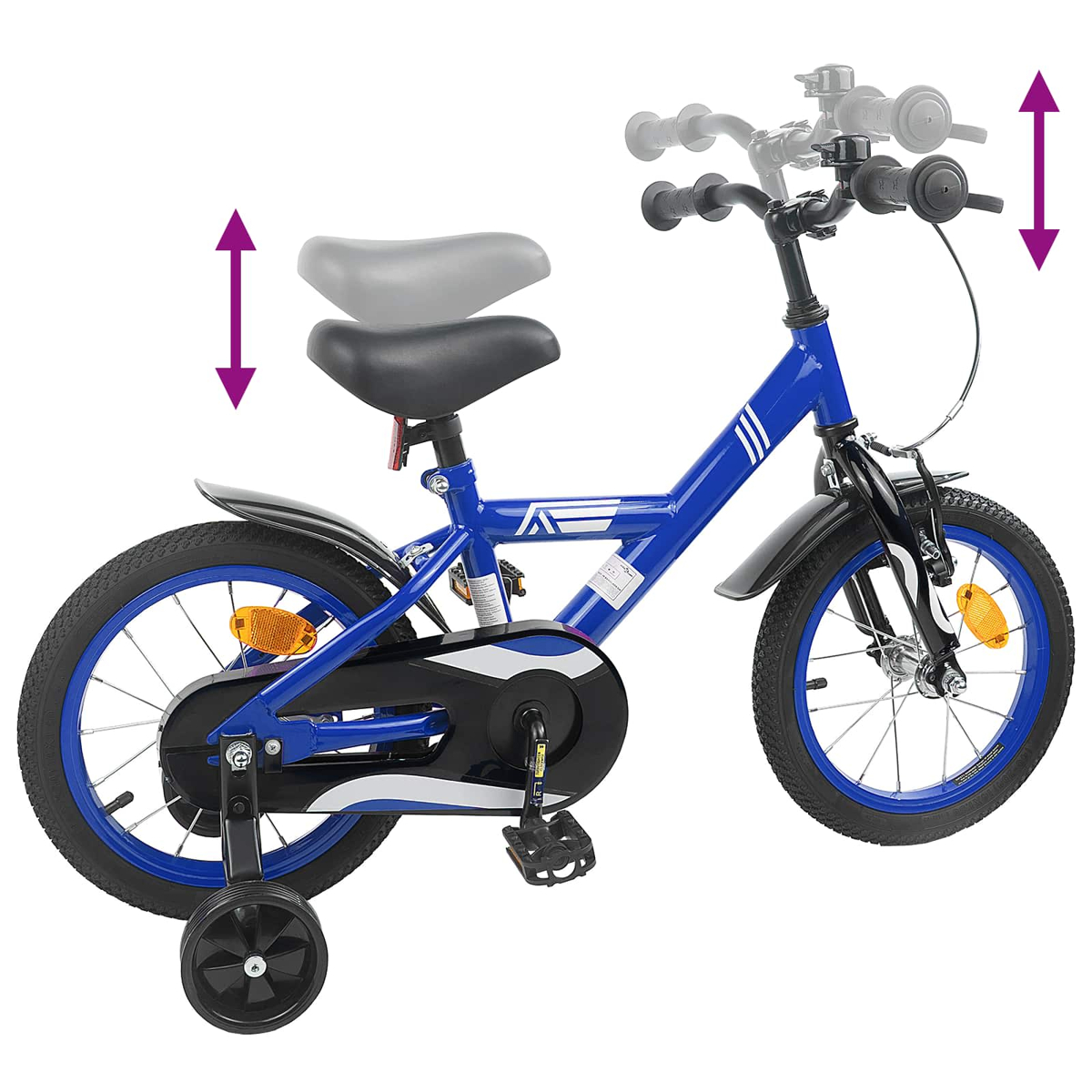 Blaues Kinderfahrrad mit Stützrädern und Höhenverstellung für Sattel und Lenker.