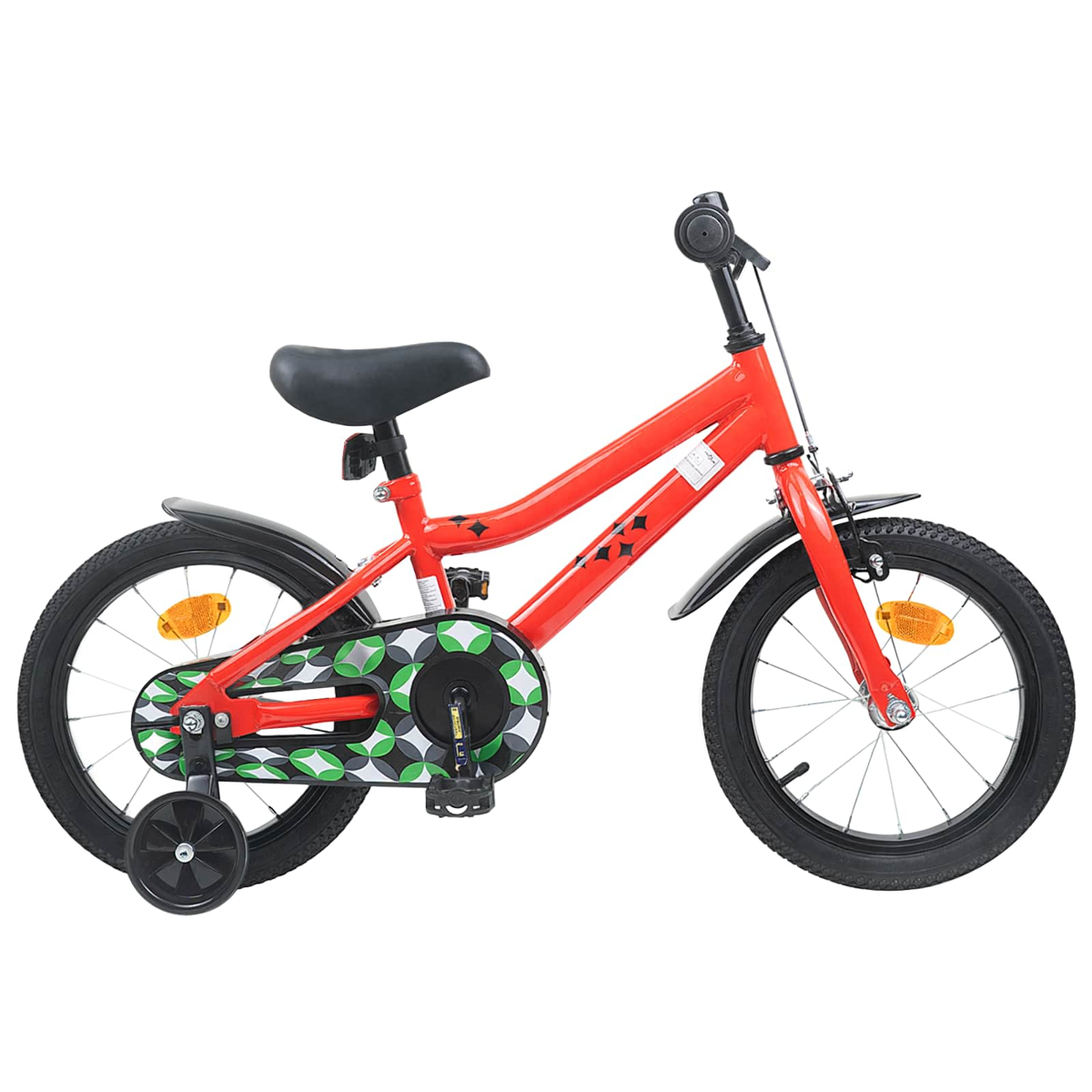 Ein rotes Fahrrad mit Stützrädern und schwarzen Schutzblechen, mit gemustertem Kettenschutz.