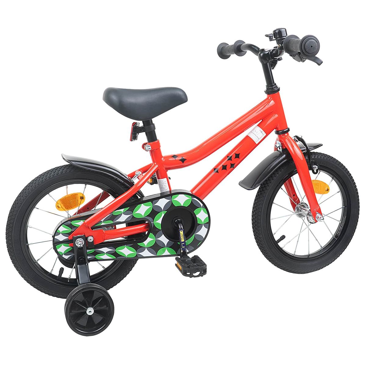 Ein rotes Kinderfahrrad mit Stützrädern, schwarzem Sattel und Kettenschutz.
