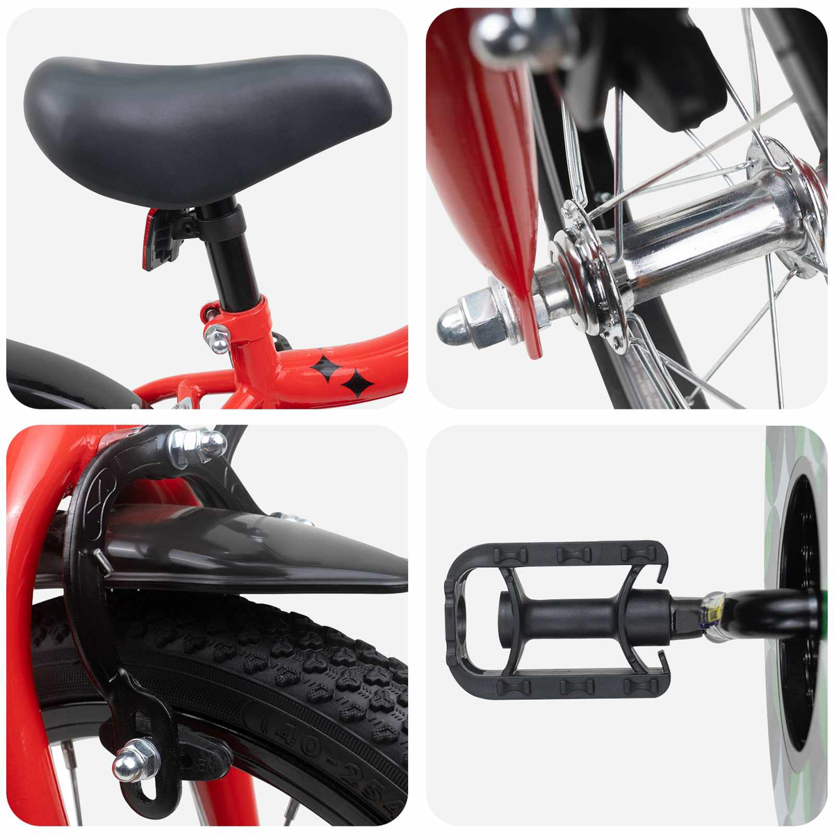 Der Sattel, die Radnabe, die Bremse und das Pedal eines roten Fahrrads sind im Detail zu sehen.