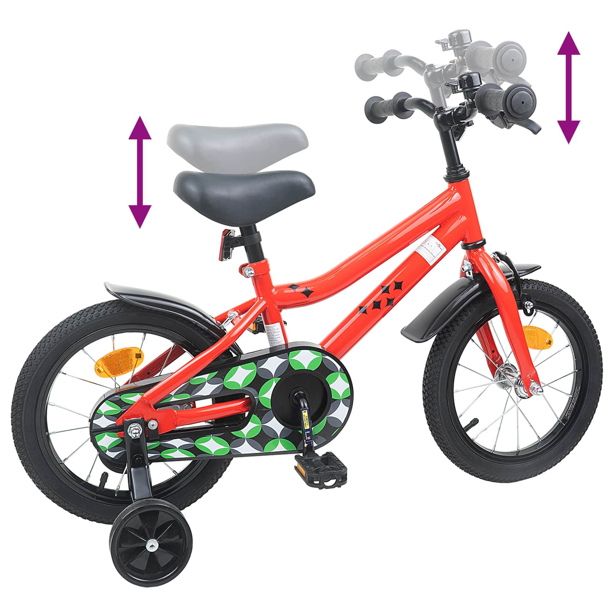 Rotes Kinderrad mit Stützrädern, verstellbarem Sattel und Lenker. Muster.