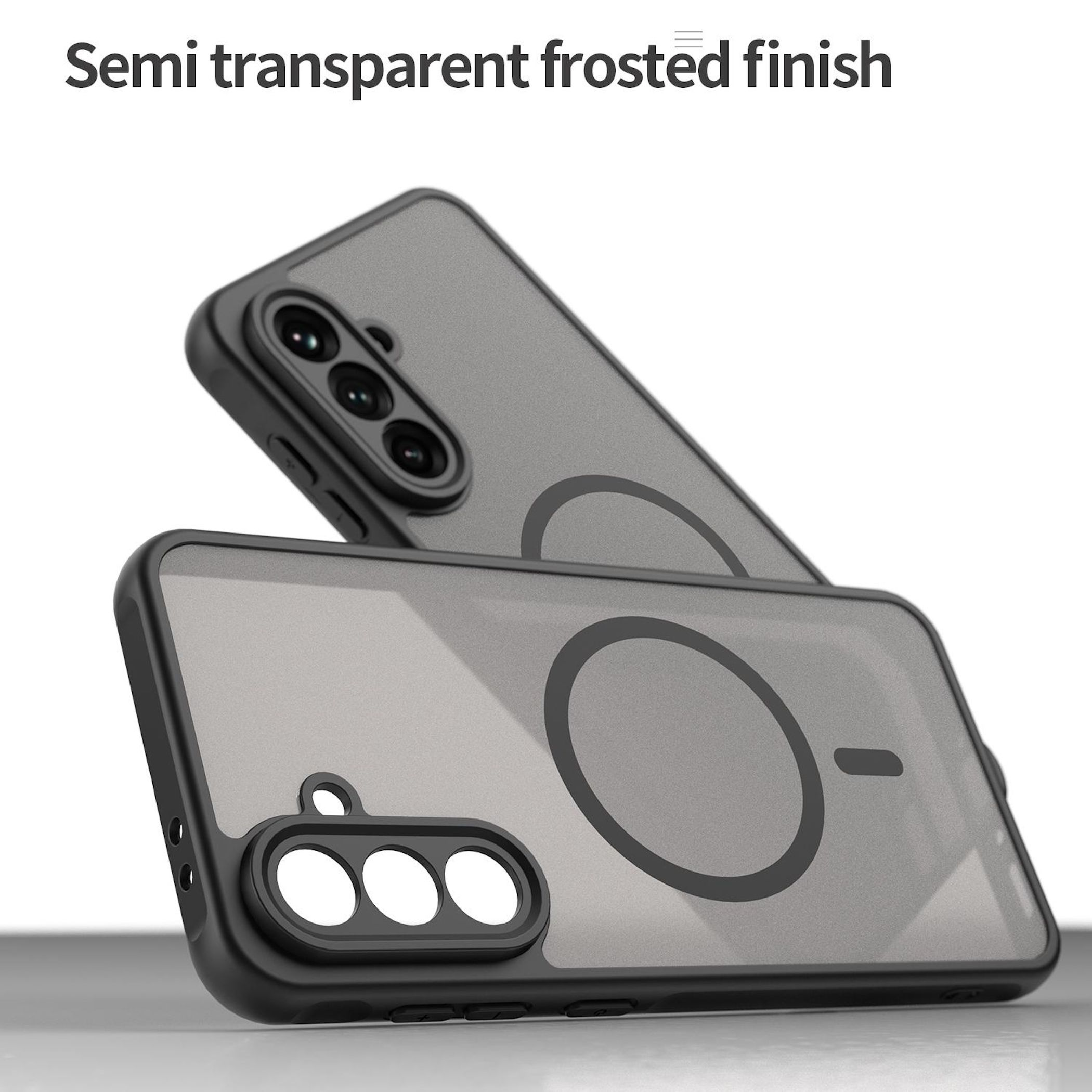 Zwei graue Handyhüllen mit halbtransparentem Finish und Magnetring.