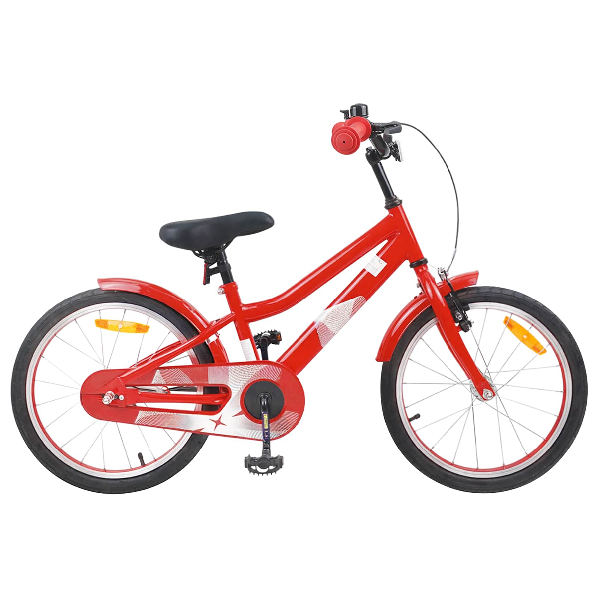 Ein rotes Kinderfahrrad mit schwarzen Griffen, Sattel und Reifen.