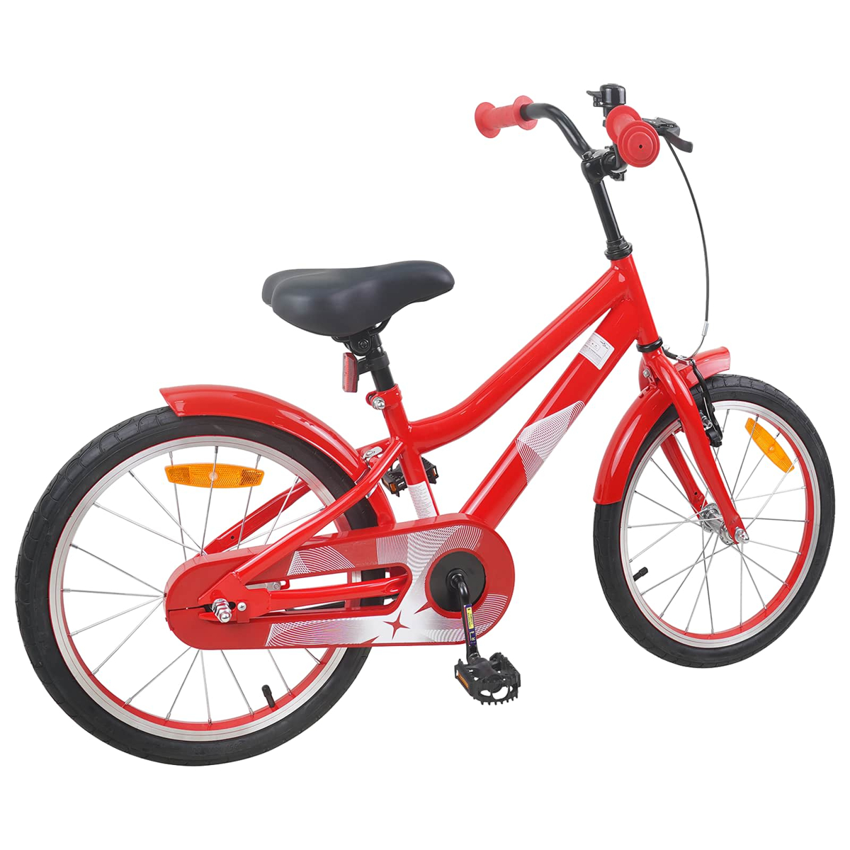 Ein rotes Kinderfahrrad mit schwarzen Reifen und silbernen Speichen.