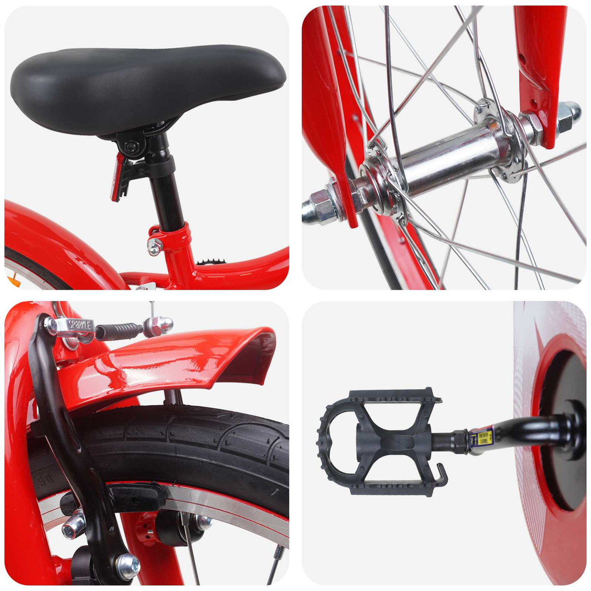 Details eines roten Fahrrads: Sattel, Vorderradnabe, Hinterradbremse und Pedal.
