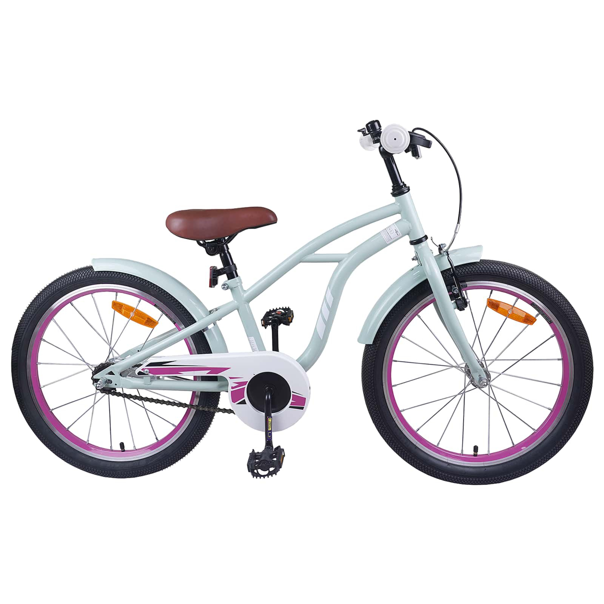 Hellgrünes Kinderfahrrad mit braunem Sattel und pinken Felgen.