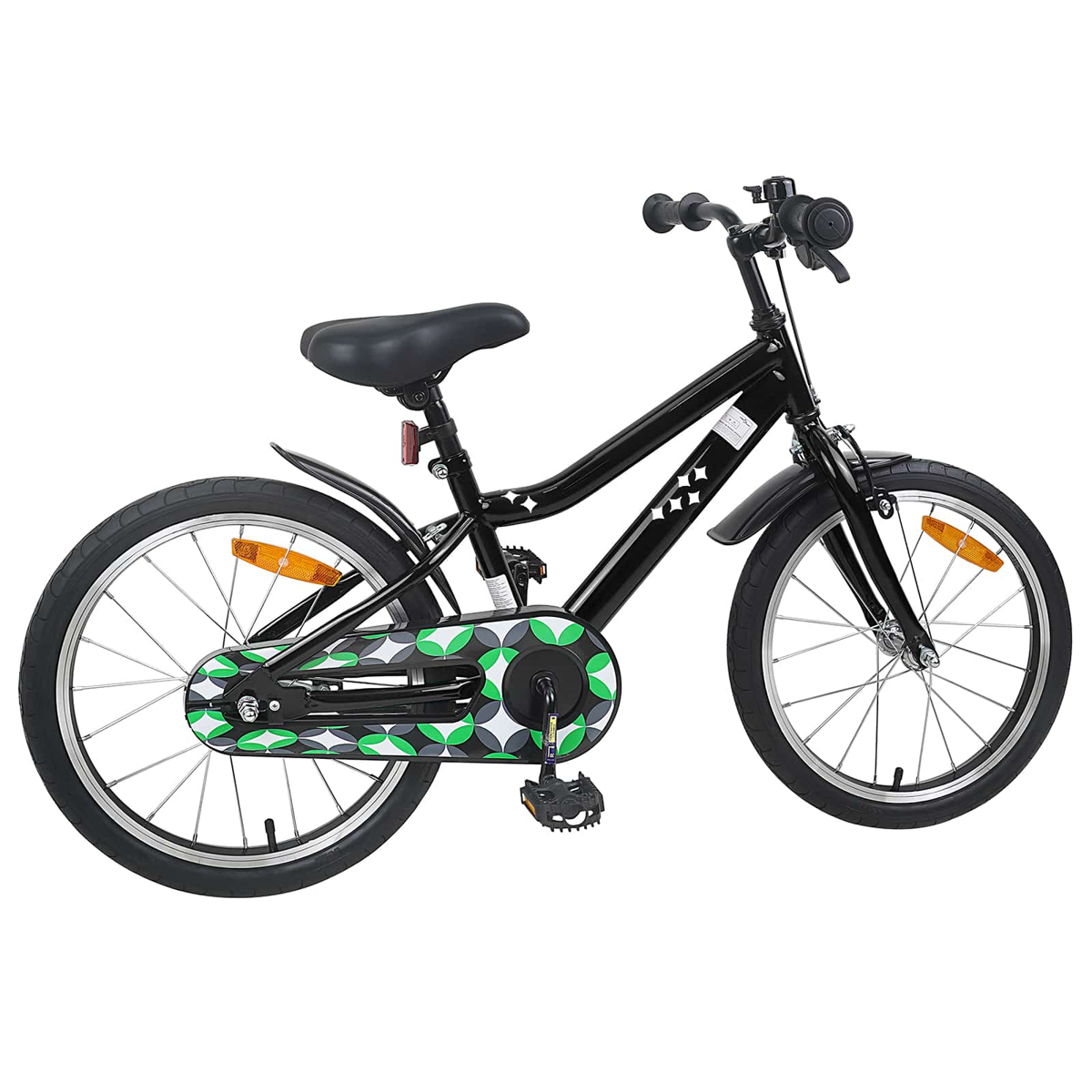 Ein schwarzes Kinderfahrrad mit grün-grauem Kettenschutzdesign.