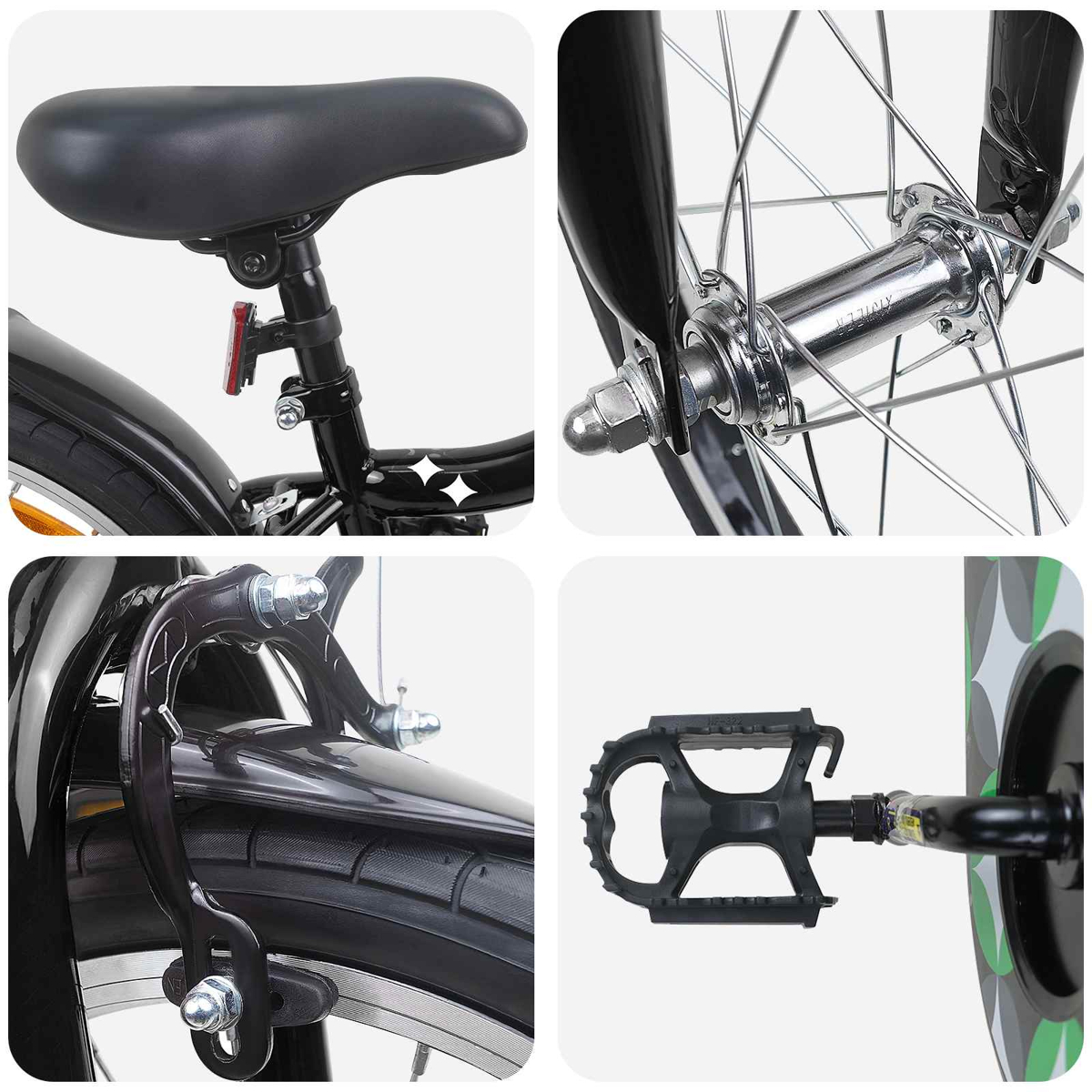 Detailansichten eines schwarzen Fahrrads: Sattel, Vorderradnabe, Bremse und Pedal.