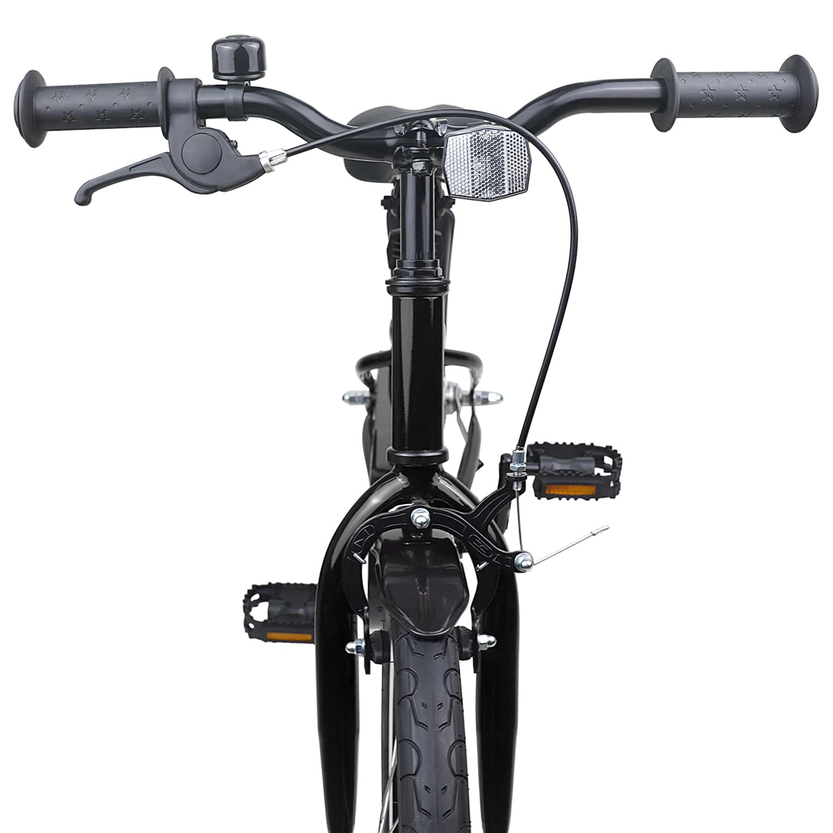 Vorderansicht eines schwarzen Fahrrads mit Lenker, Klingel, Bremsen und Rad.