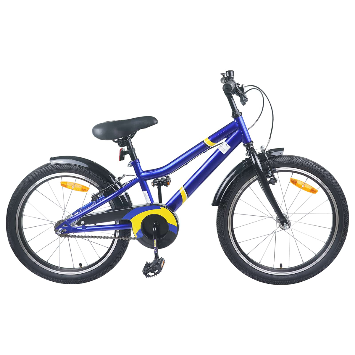 Ein blaues Kinderfahrrad mit gelben Akzenten und schwarzen Schutzblechen.