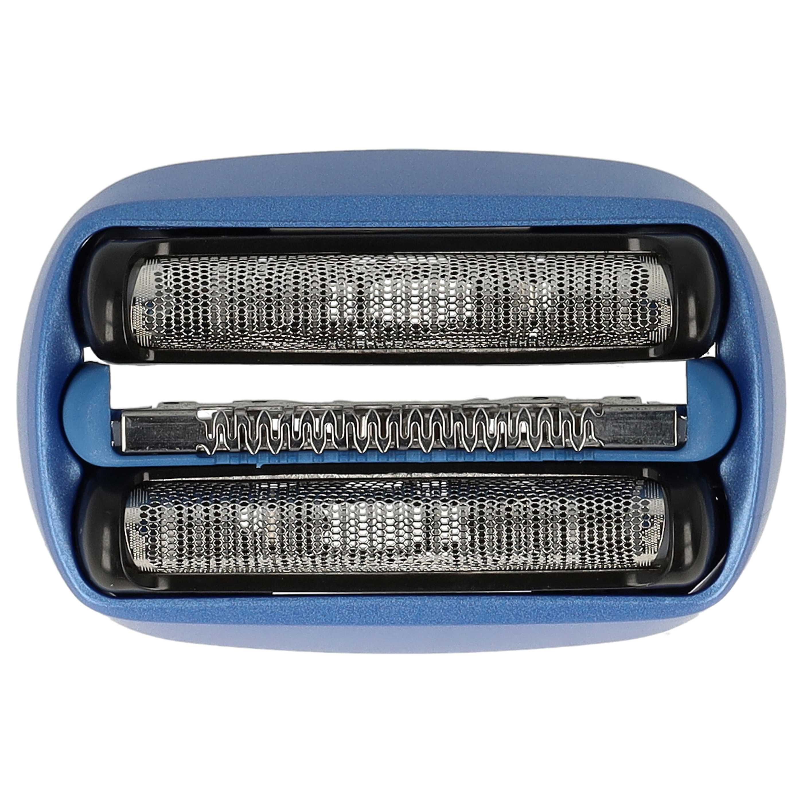 Blauer Rasierer mit zwei silbernen Scherblättern und Gitter. Nahaufnahme.