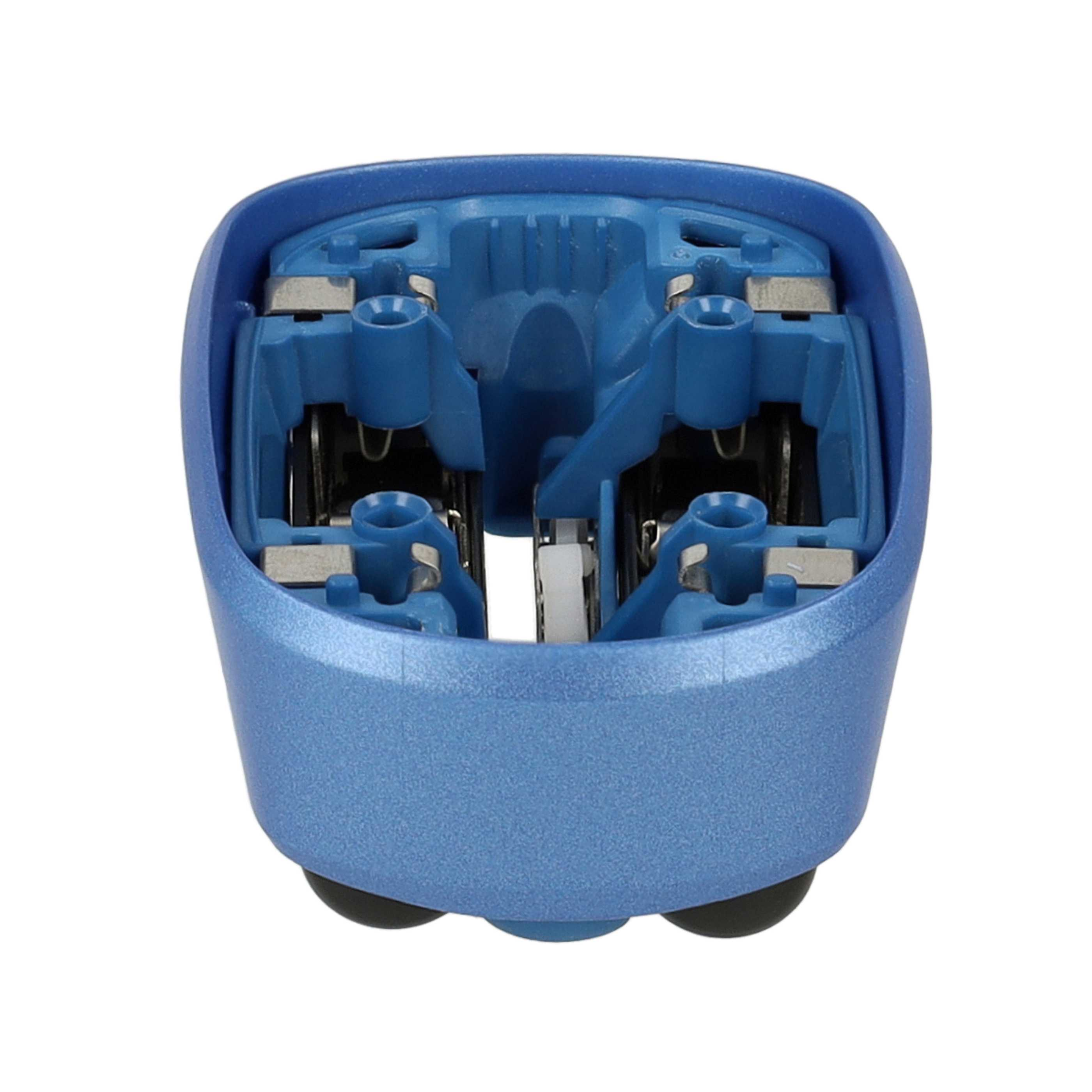 Ein blaues, geöffnetes Gerät mit sichtbaren internen Mechanik-Teilen.