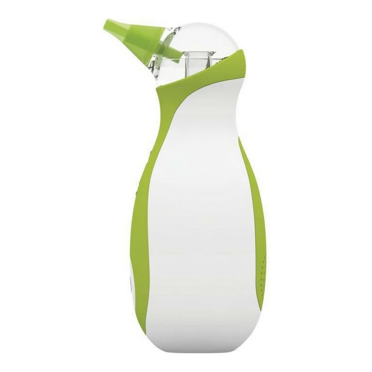 Ein weißer und grüner Nasensauger mit transparentem Behälter und grünem Mundstück.