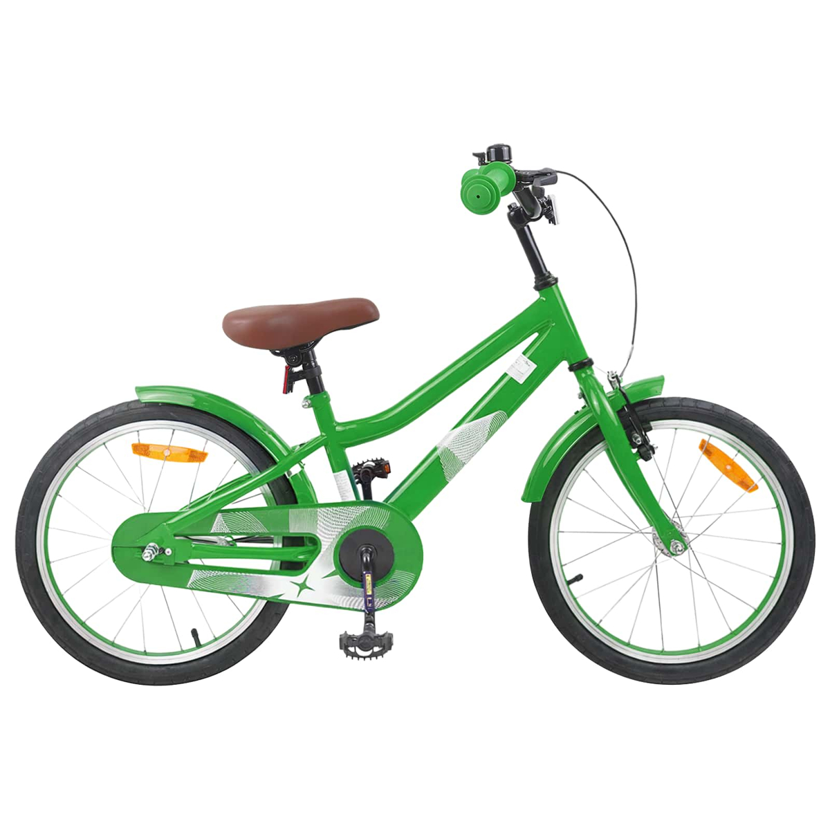 Grünes Kinderfahrrad mit braunem Sattel und schwarzen Reifen.