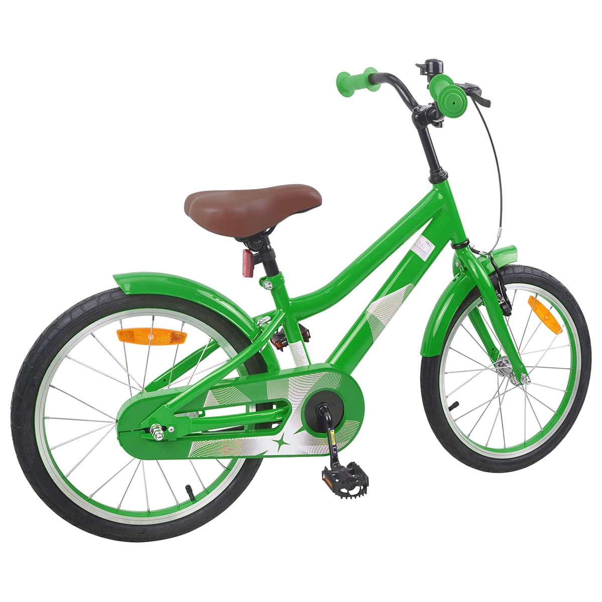 Ein grünes Kinderfahrrad mit braunem Sattel und schwarzen Reifen.