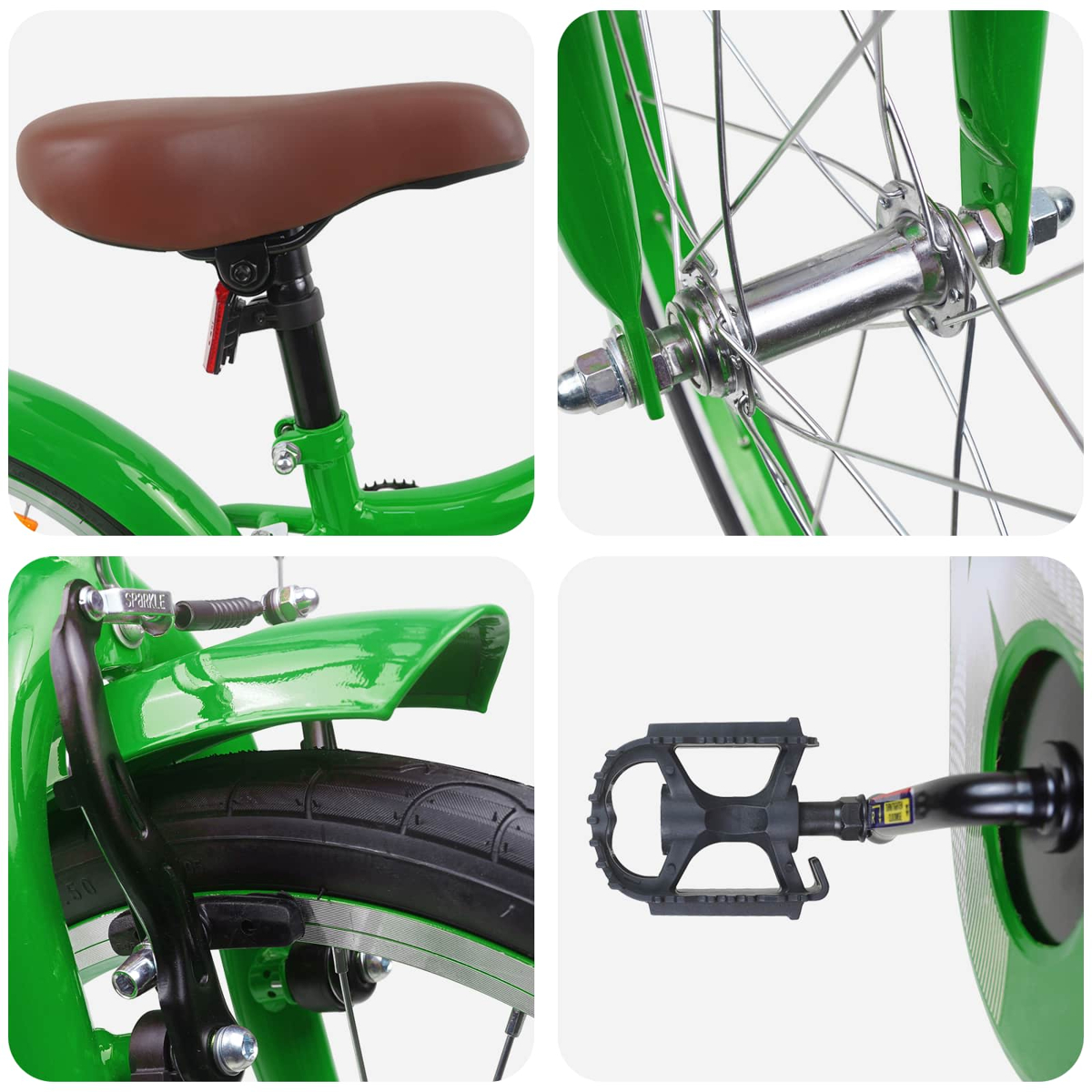 Grünes Fahrrad: Sattel, Vorderradnabe, Bremse am Hinterrad, Pedal.
