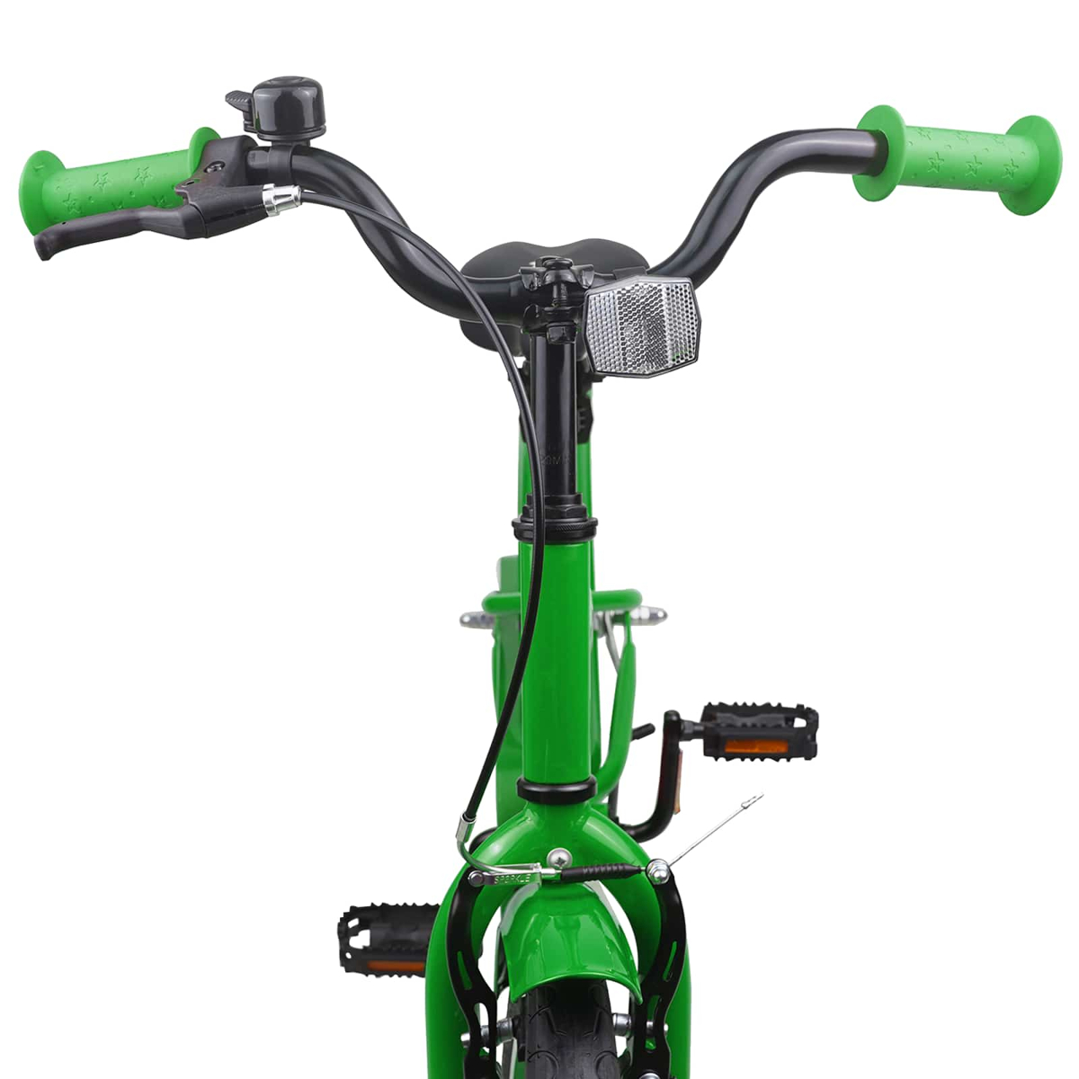 Grünes Fahrrad mit Lenker, Klingel, Reflektor und Pedalen, von vorne gesehen.
