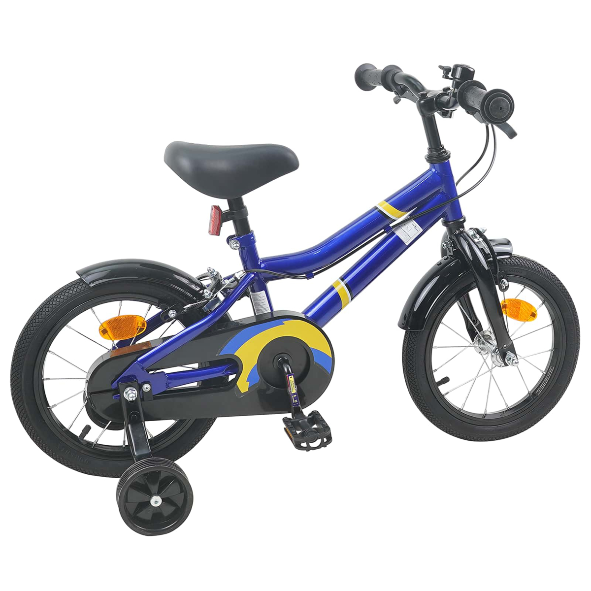 Ein blaues Kinderfahrrad mit Stützrädern, schwarzen Schutzblechen und gelben Akzenten.