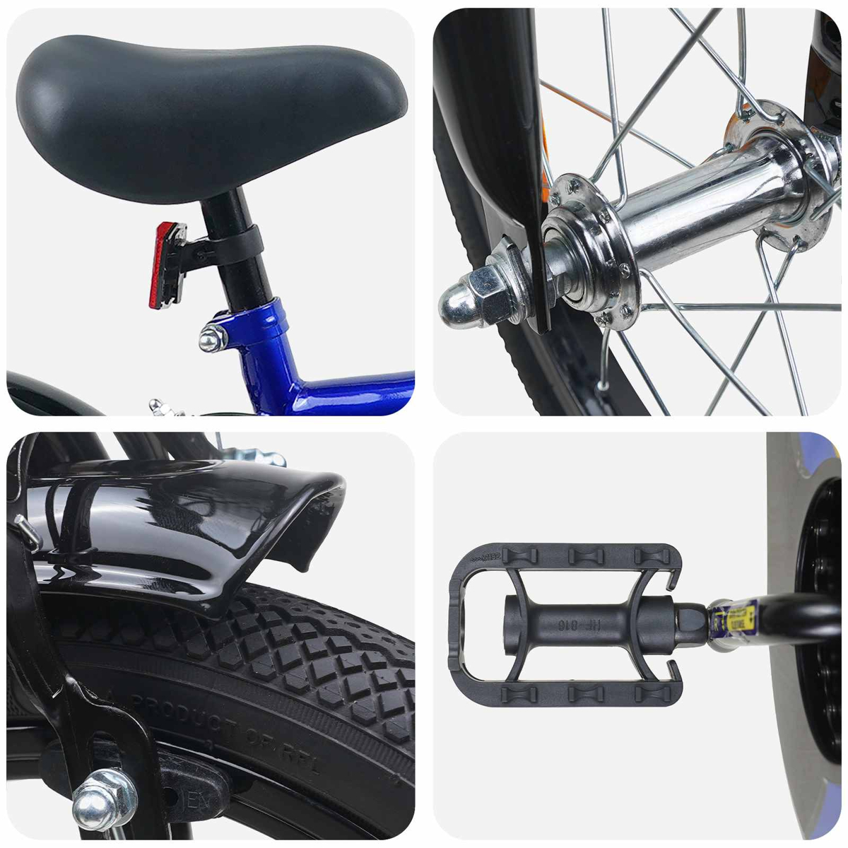 Nahaufnahme von Fahrradteilen: Sitz, Vorderradnabe, Schutzblech und Pedal.