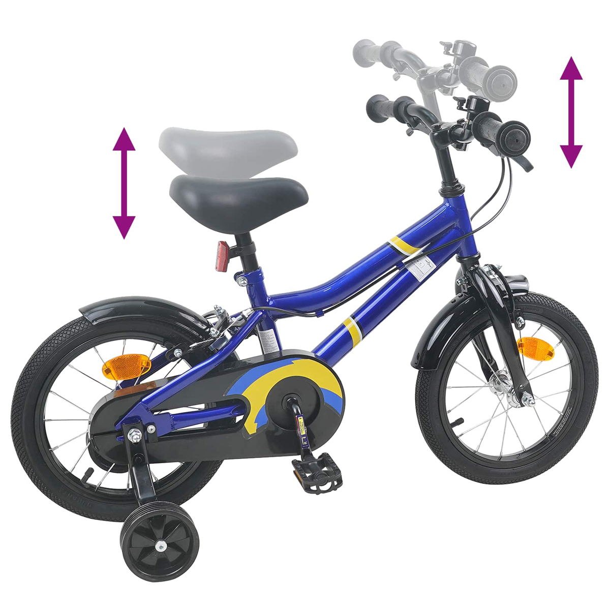Blaues Kinderfahrrad mit Stützrädern und verstellbarem Sitz/Lenker.