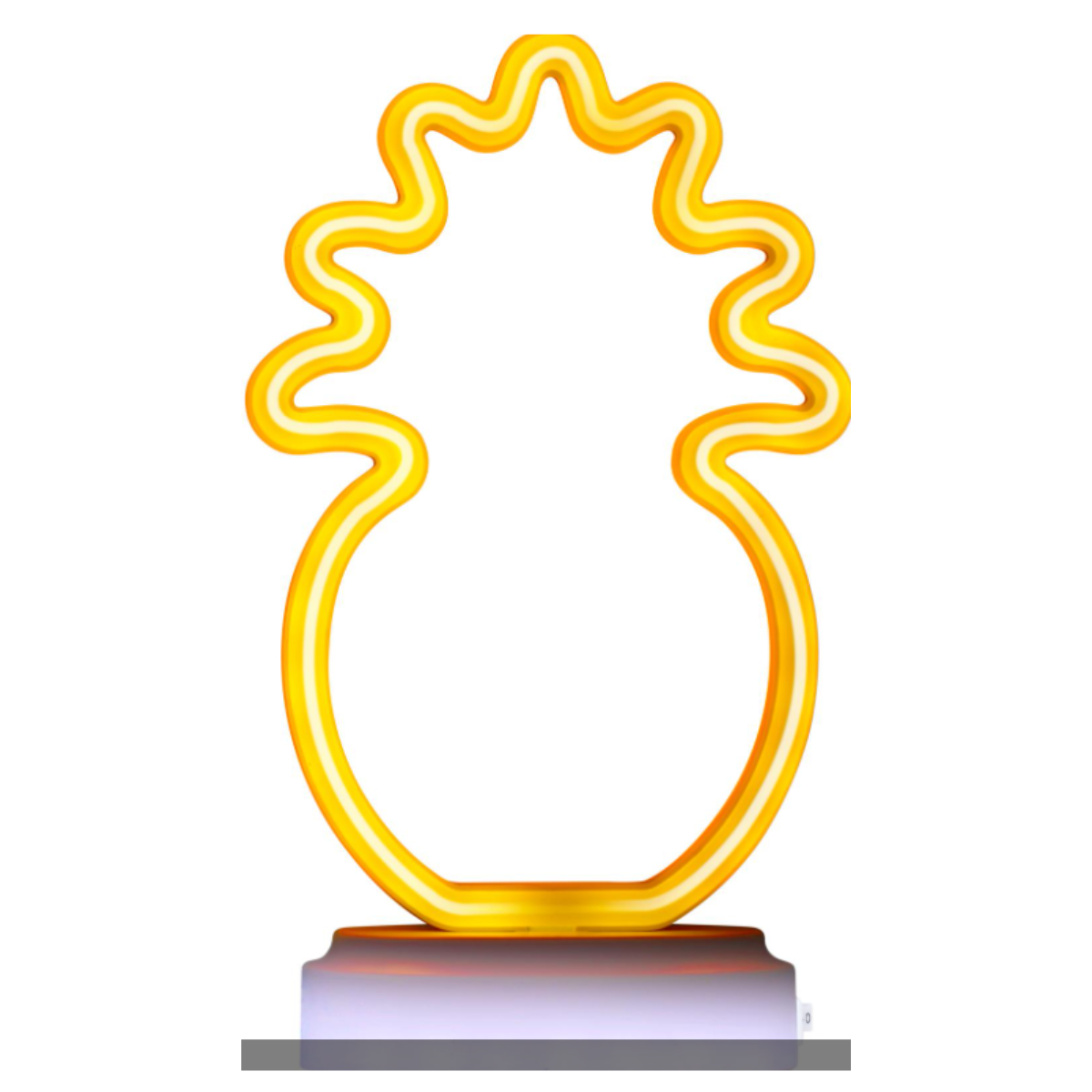 Een gele neon ananaslamp staat op een rechthoekige basis.