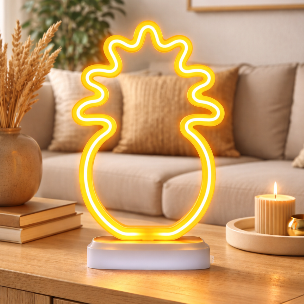Gele neon ananaslamp op houten tafel voor een bank.