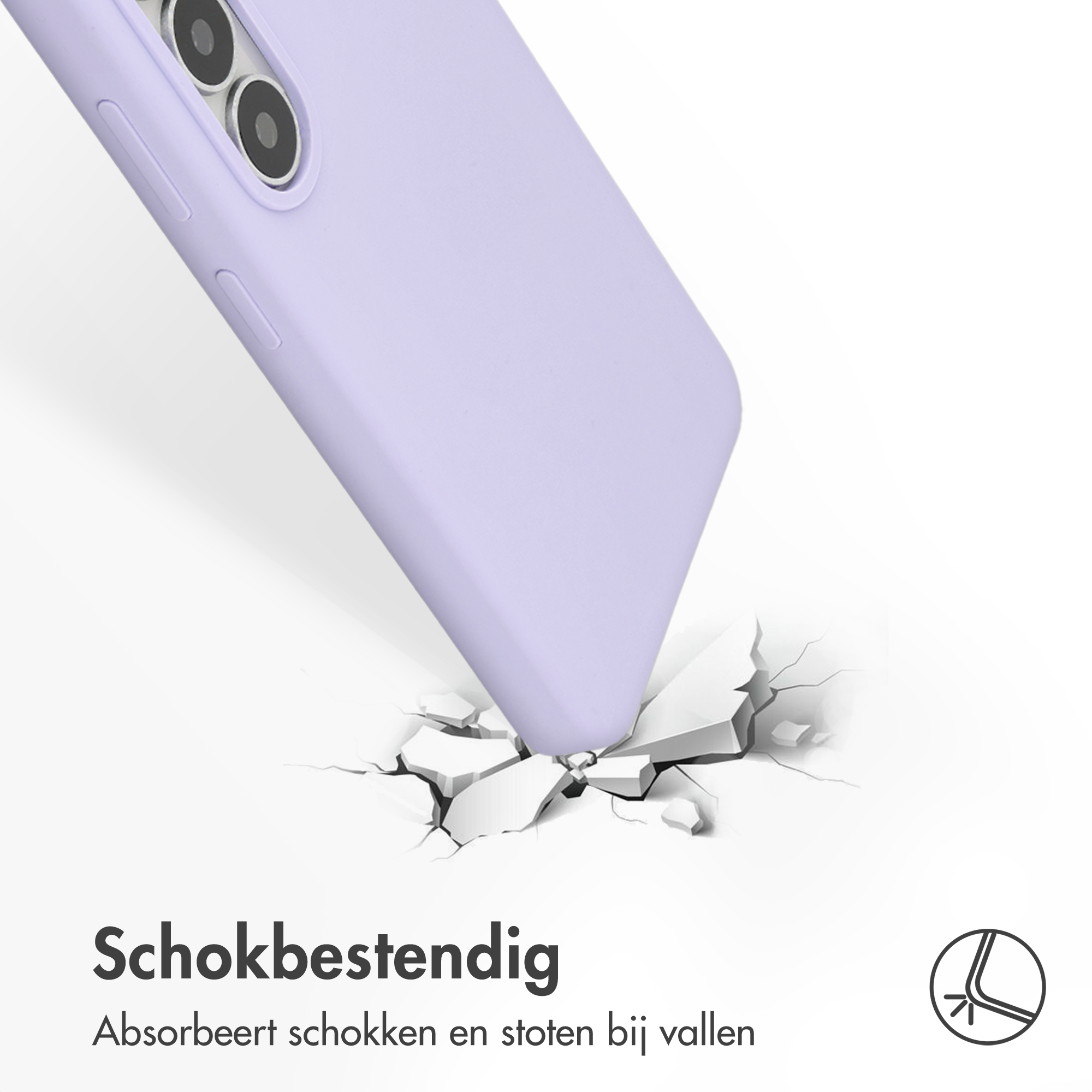 Paarse telefoonhoes valt en breekt witte ondergrond. Schokbestendig.