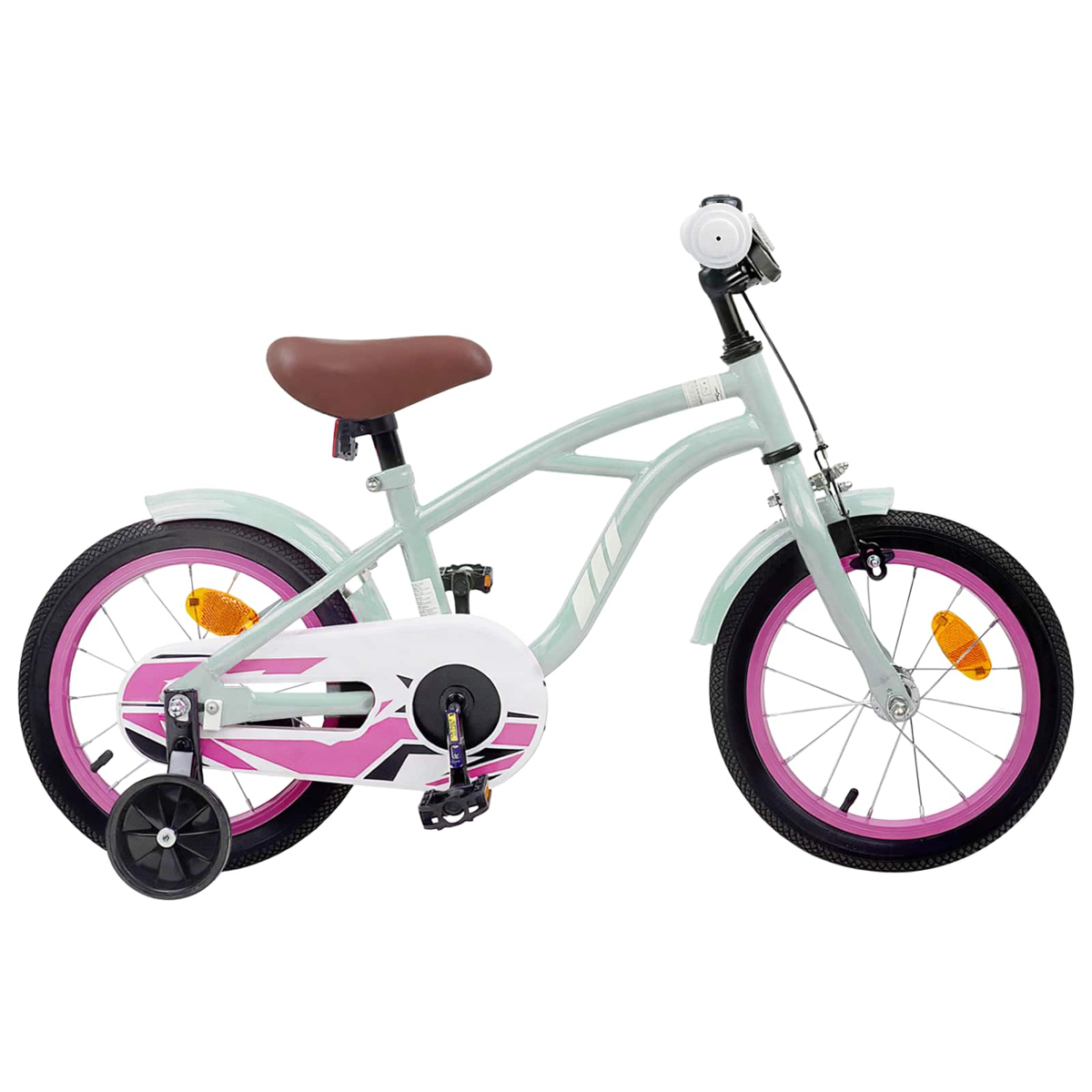 Hellgrünes Kinderfahrrad mit braunem Sattel, pinken Felgen und Stützrädern.