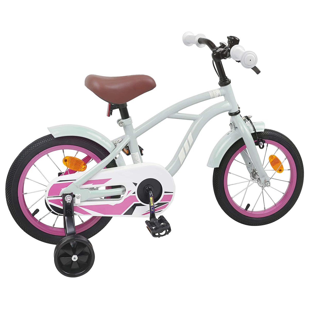Ein mintgrünes Kinderfahrrad mit braunem Sattel, pinken Felgen und Stützrädern.