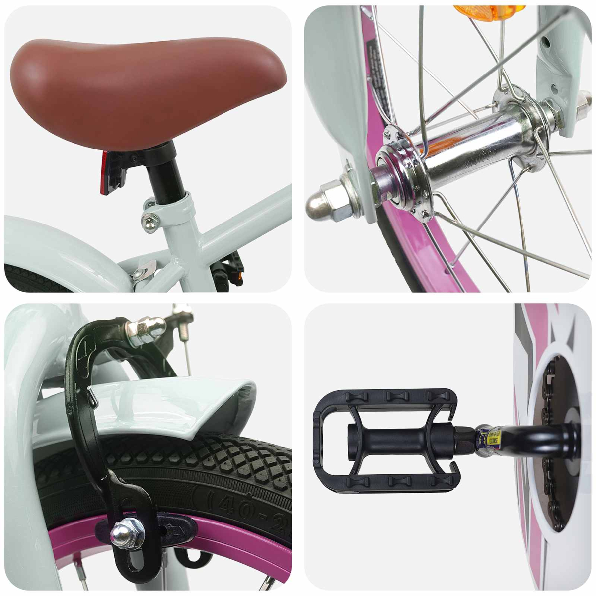 Details eines Kinderfahrrads: Sattel, Vorderradnabe, Bremse und Pedal.