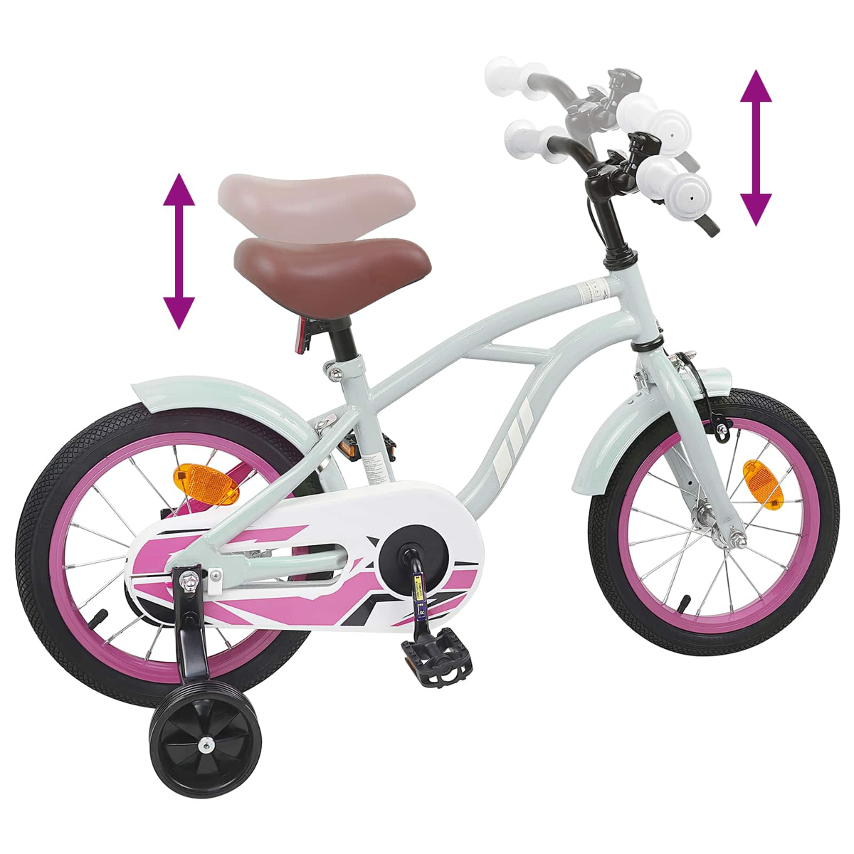 Ein hellblaues Kinderfahrrad mit Stützrädern, pinken Felgen und verstellbarem Sitz/Lenker.