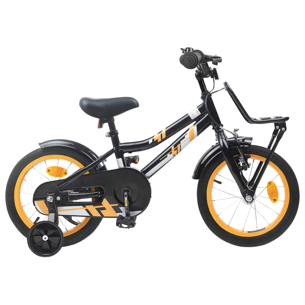 Ein schwarzes Kinderfahrrad mit gelben Felgen, Stützrädern und einem vorderen Korb.