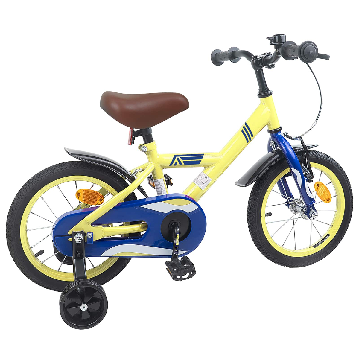 Ein gelbes Kinderfahrrad mit blauen Akzenten und Stützrädern auf weißem Hintergrund.