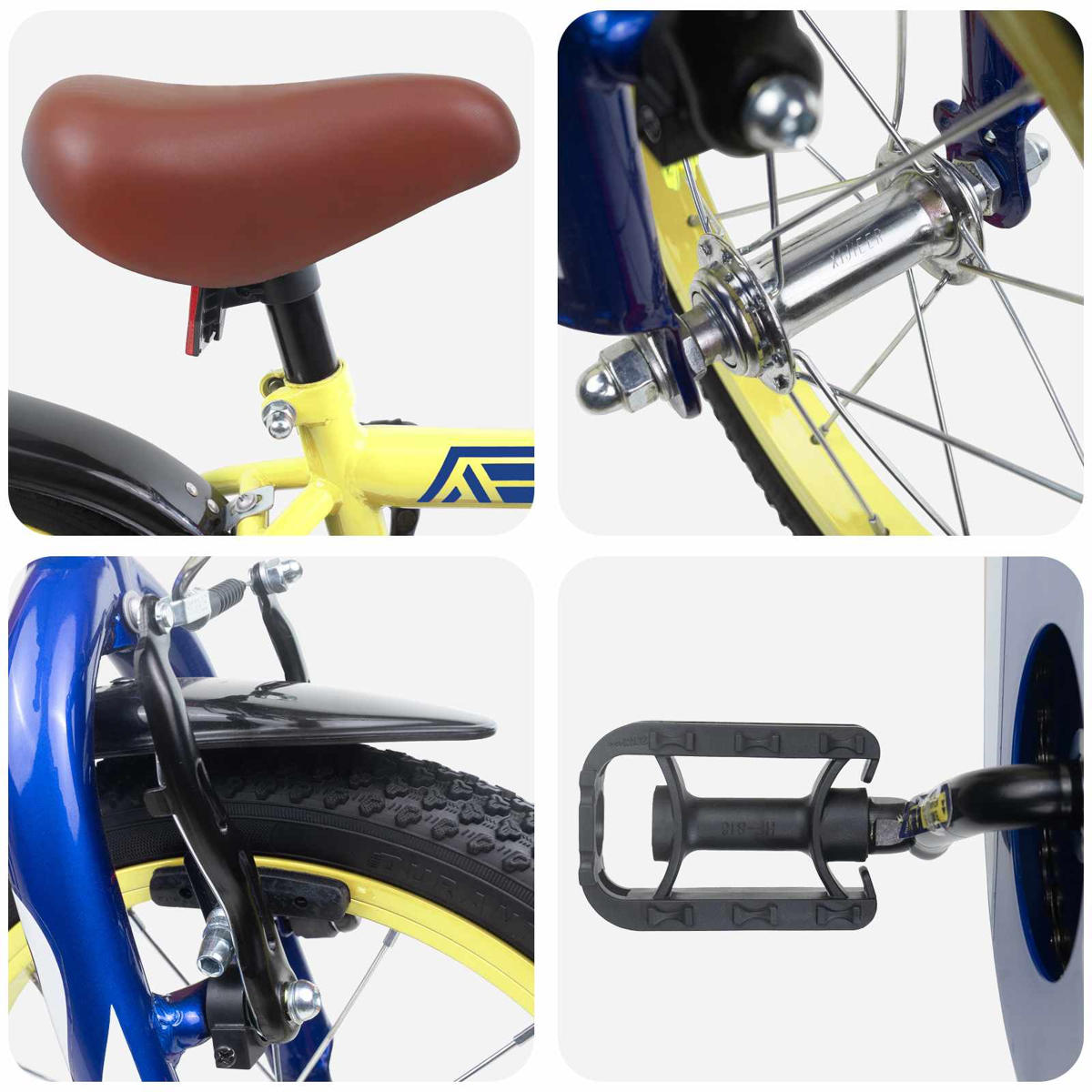 Ein Fahrrad mit braunem Sattel, gelbem Rahmen, Radnabe, Bremse und Pedal.