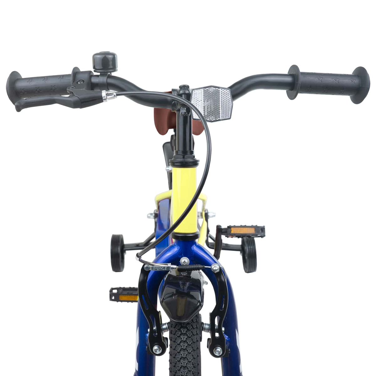 Blaues Kinderfahrrad mit gelbem Lenker, Stützrädern und Klingel.