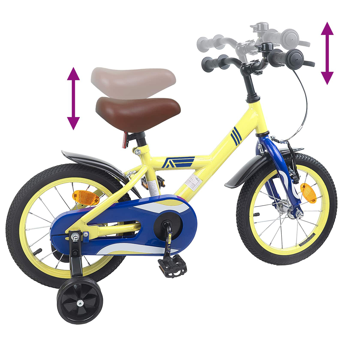 Gelbes Kinderfahrrad mit Stützrädern, verstellbarem Sattel und Lenker.