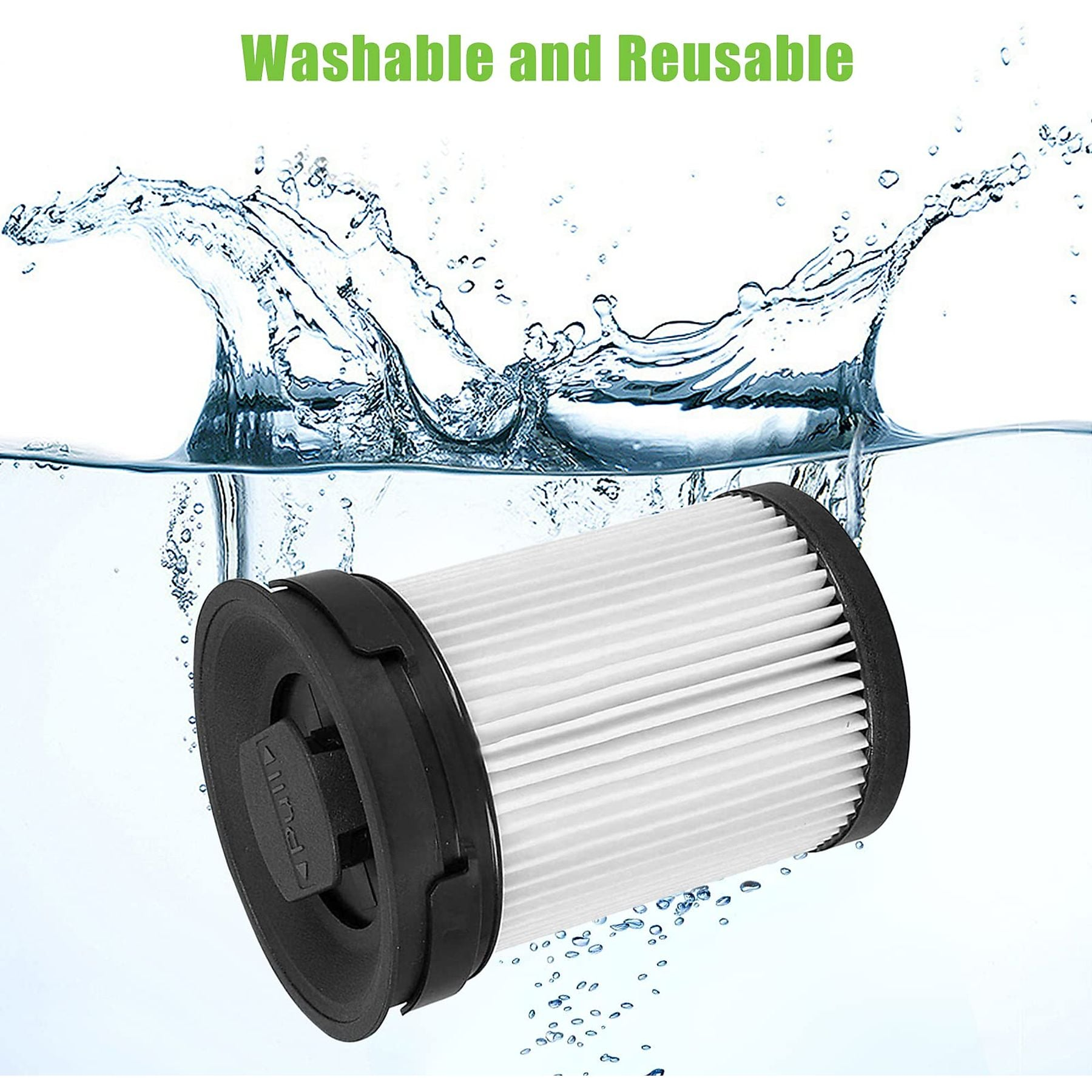 Ein weißer Faltenfilter mit schwarzer Basis taucht in Wasser mit Spritzern ein.