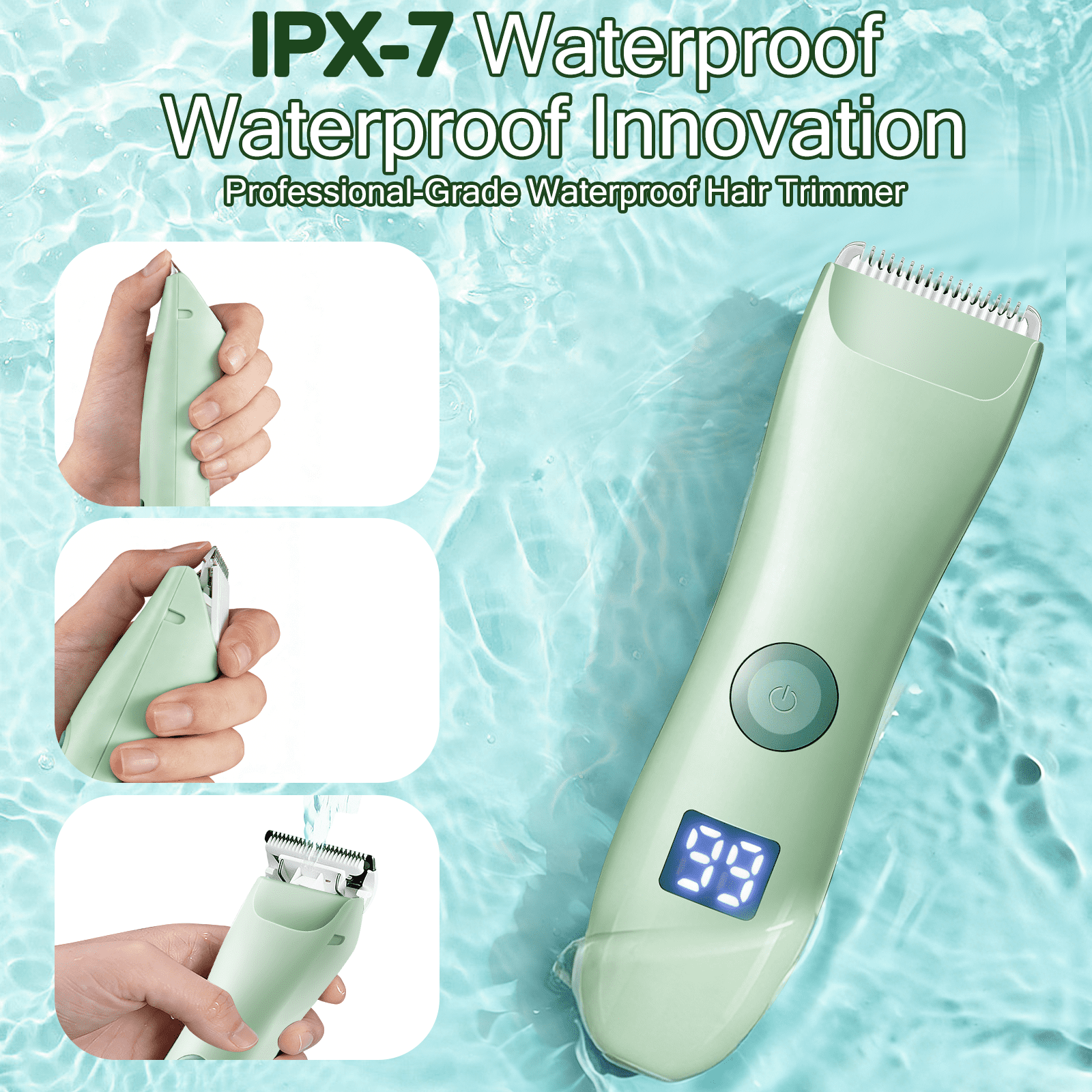Ein hellgrüner wasserdichter Haartrimmer mit digitaler Anzeige, der in Wasser liegt.