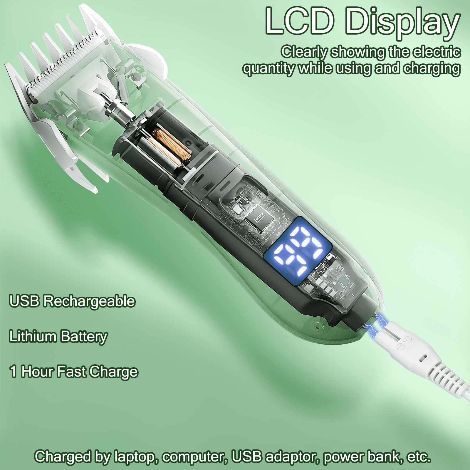 Durchsichtiger Haarschneider mit LCD-Display, der die Ladeanzeige zeigt.