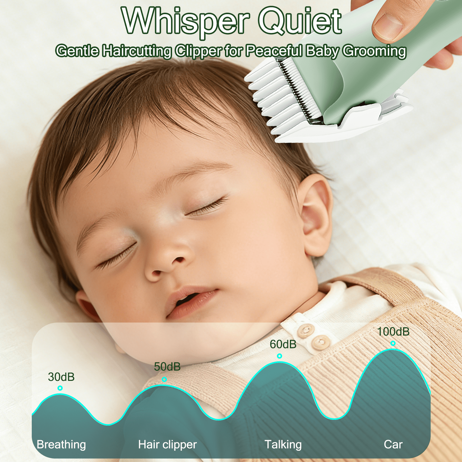 Ein grüner Haarschneider schneidet das Haar eines schlafenden Babys. Eine Schallpegelgrafik ist sichtbar.